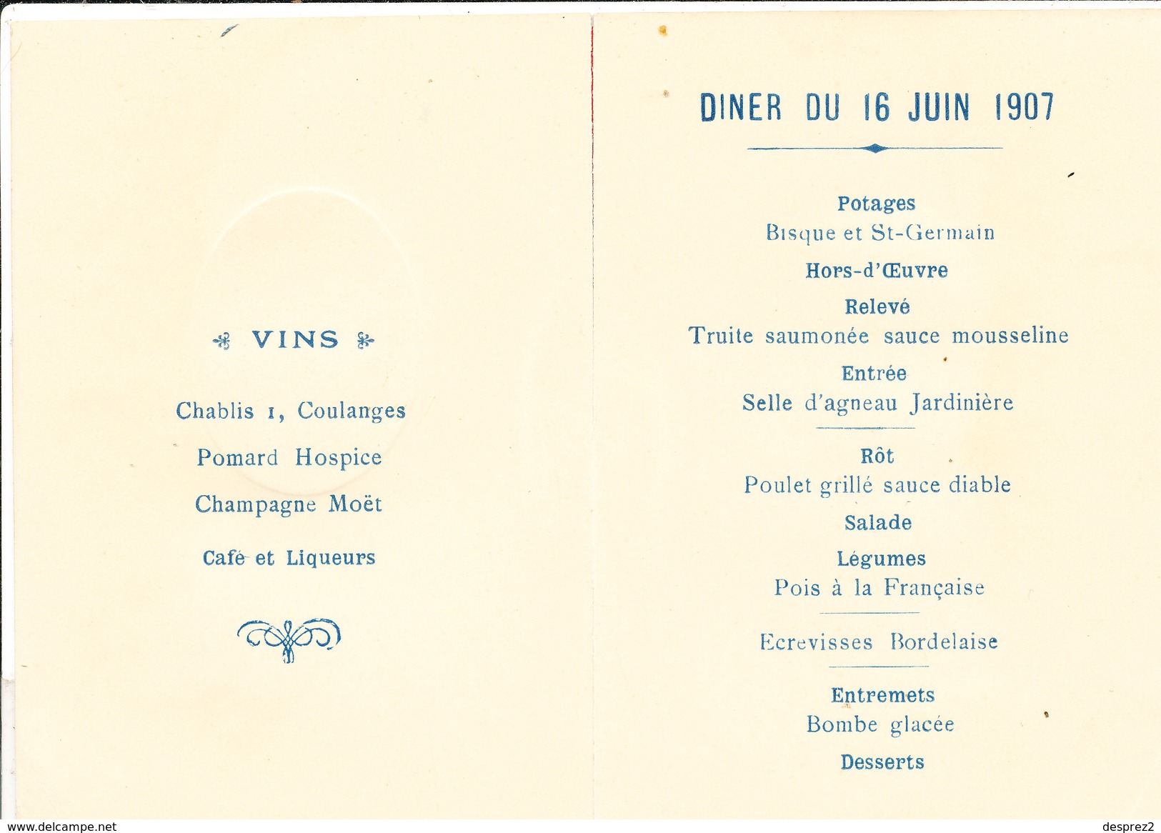 MENU * Diner Du 16 Juin 1907 - Menus