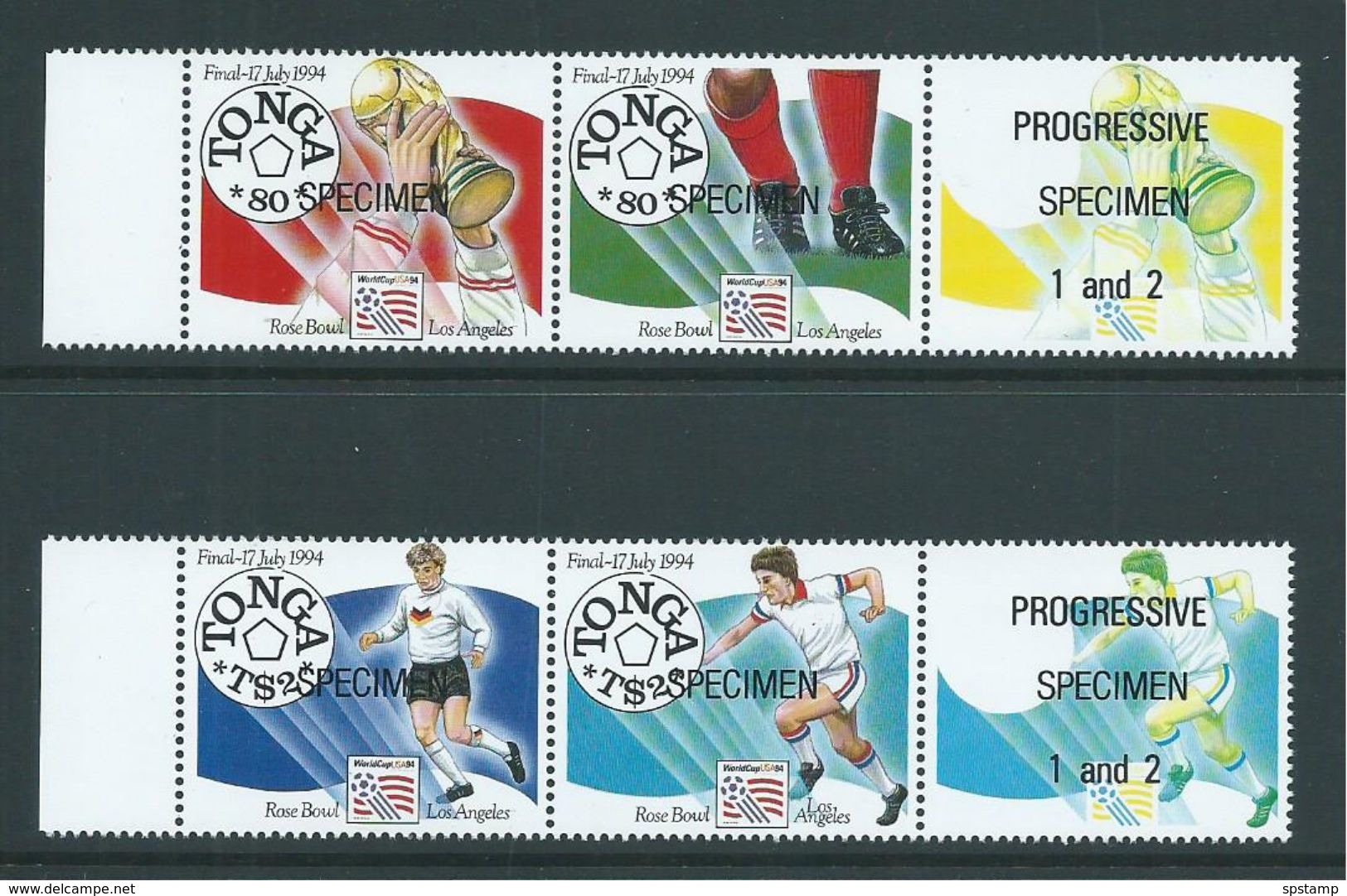 Tonga 1994 Soccer World Cup USA Set Of 2 Pairs Each With Colour Separation Label MNH Specimen Overprints - Tonga (1970-...)