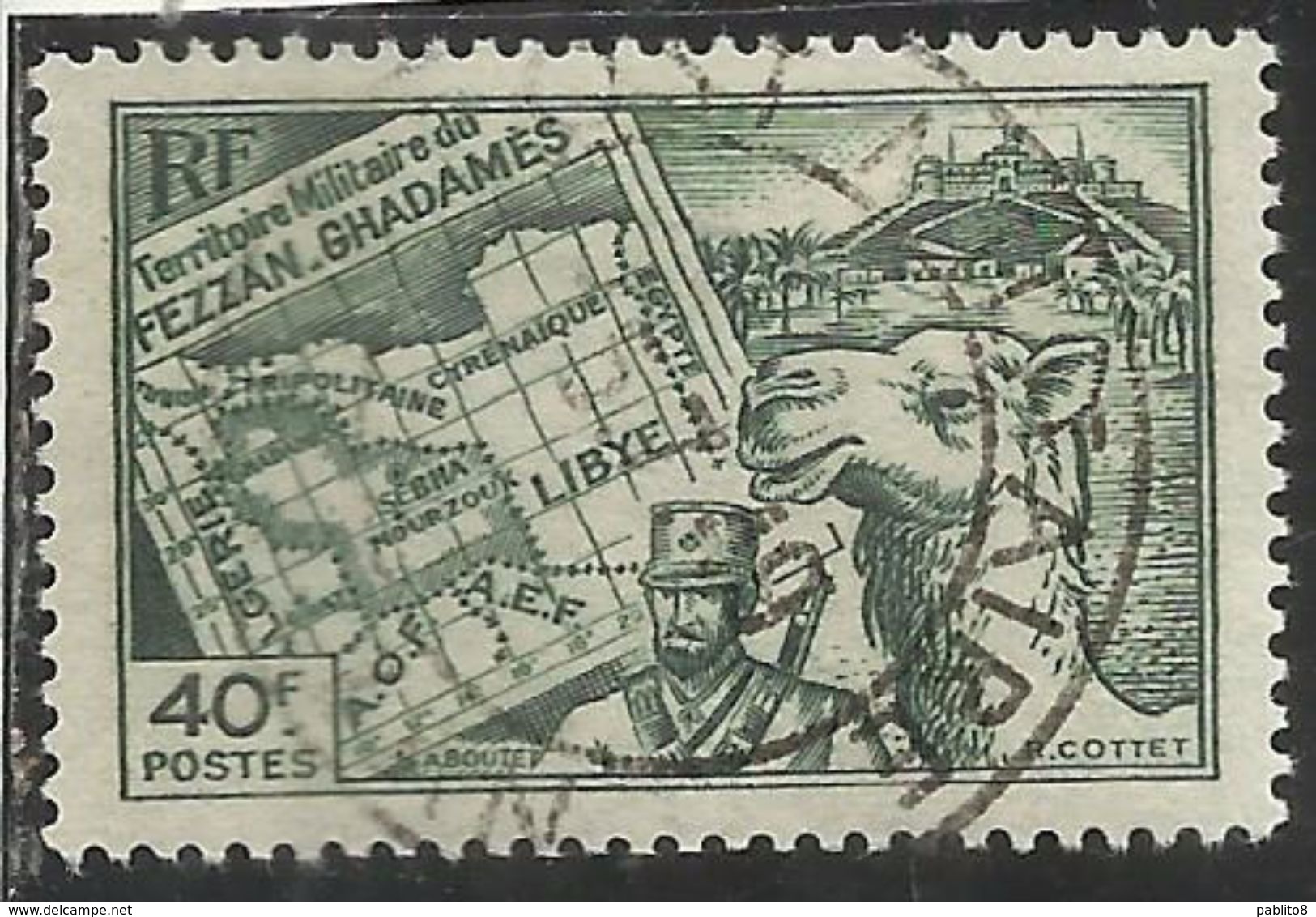 FEZZAN E GHADAMES 1946 TERRITORIO MILITARE MILITAIRE CARTA E MEHARISTA MAP F 40f USATO USED OBLITERE' - Unused Stamps