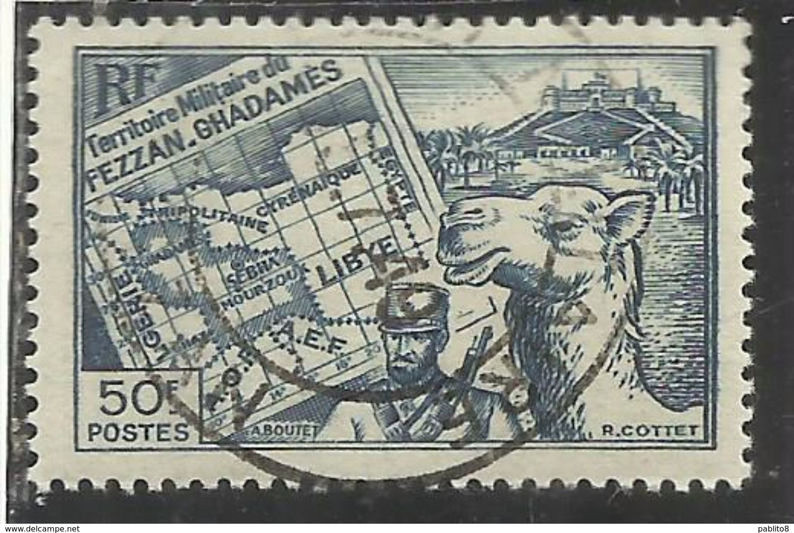 FEZZAN E GHADAMES 1946 TERRITORIO MILITARE MILITAIRE CARTA E MEHARISTA MAP F 50f USATO USED OBLITERE' - Unused Stamps