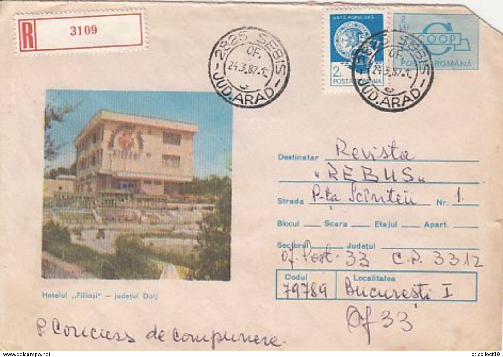TOURISM, FILIASI HOTEL, REGISTERED COVER STATIONERY, 1987, ROMANIA - Hotel- & Gaststättengewerbe