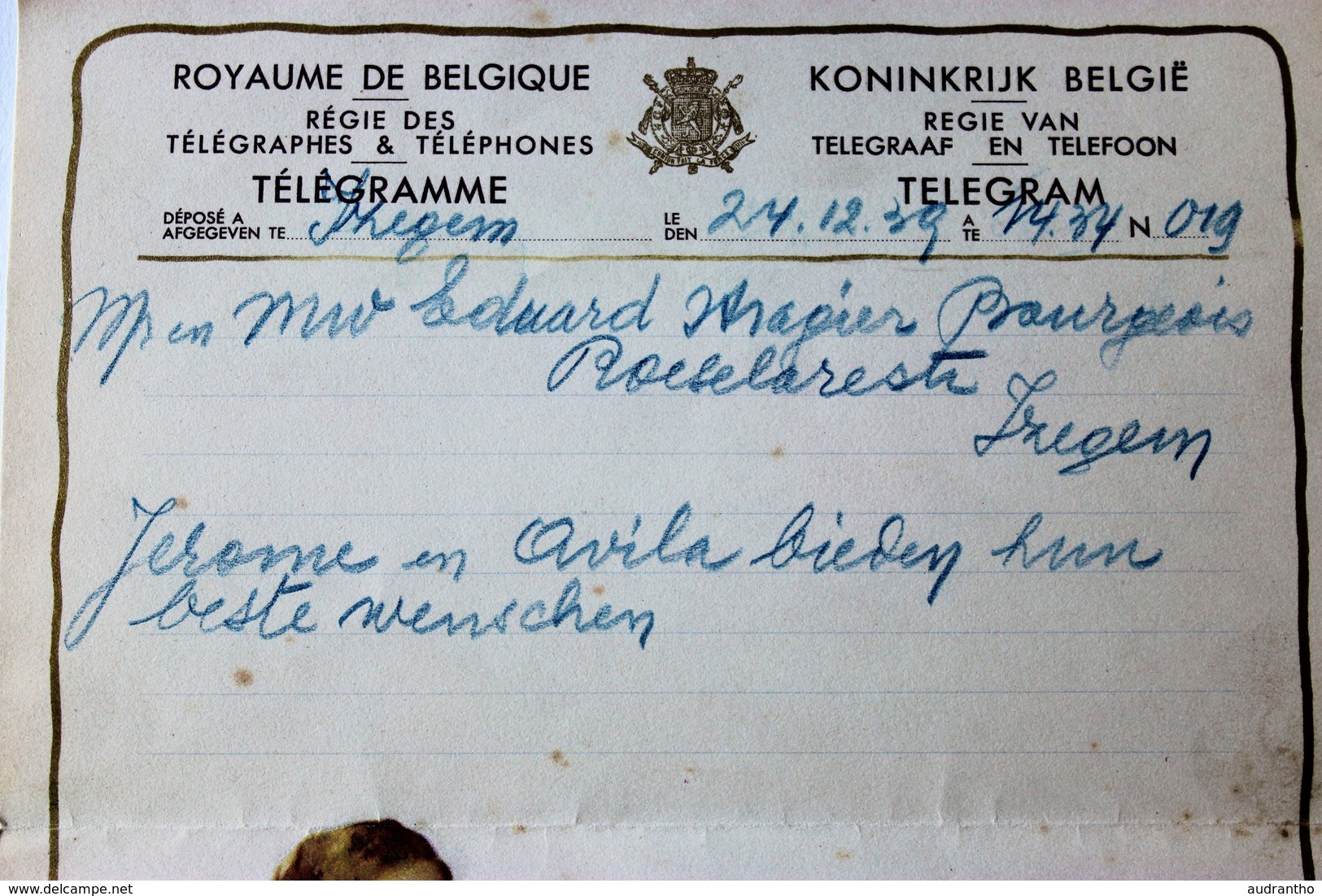 Télégramme Belgique Izegem 1939 TELEGRAM Moussaint ? - Telegrams