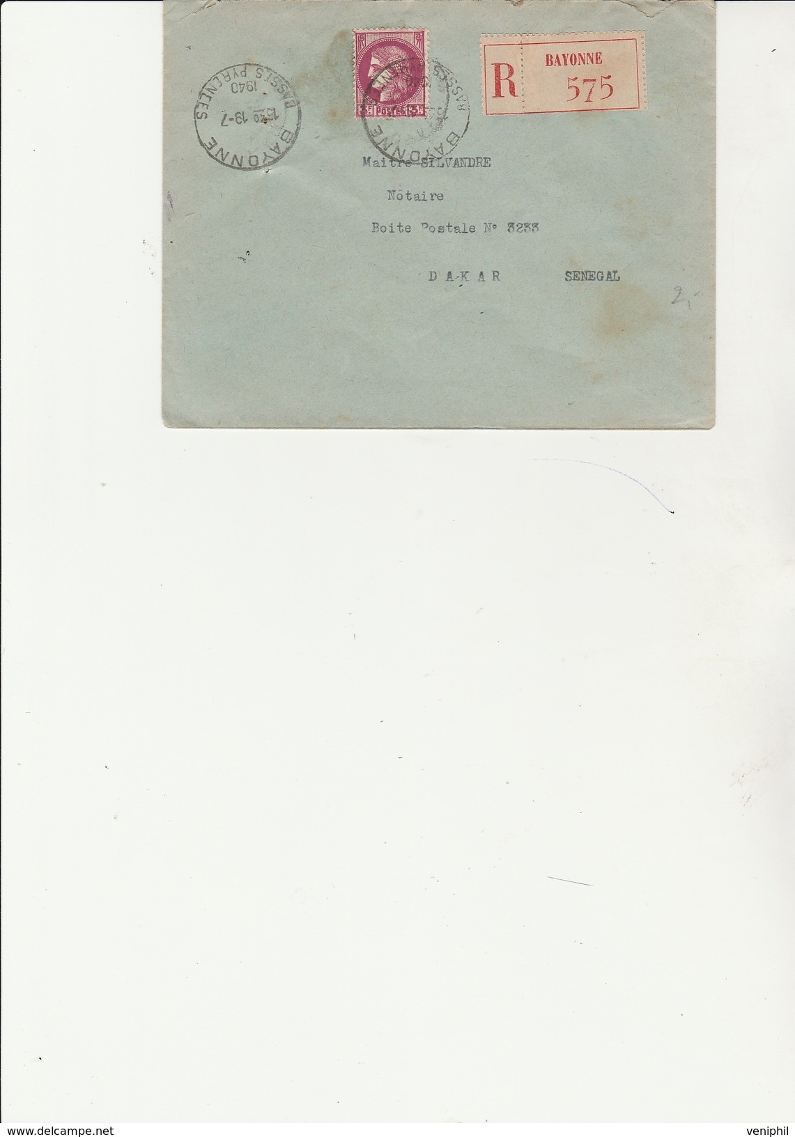 LETTRE RECOMMANDEE AFFRANCHIE N° 376  OBLITERE CAD BAYONNE - BASSES - PYRENEES  1940 - 1921-1960: Modern Period