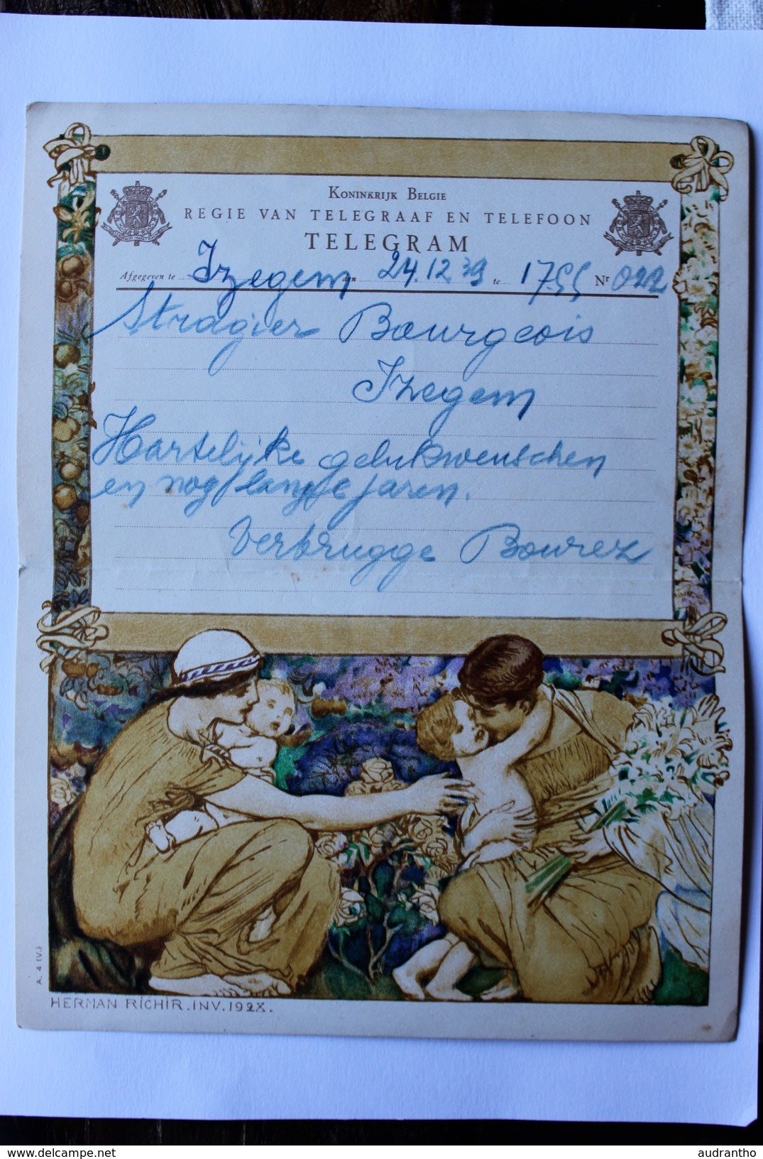 Télégramme Belgique Izegem 1939 TELEGRAM Herman Richir Peintre Mythologie - Telegrams