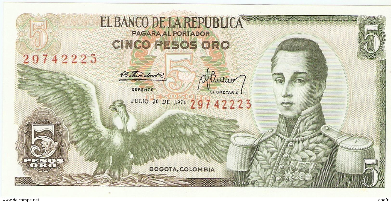 Billet - COLOMBIE - 5 Pesos Oro - UNC, NEUF  - Julio 20 De 1974 - Cordoba, Cartagena - Colombie