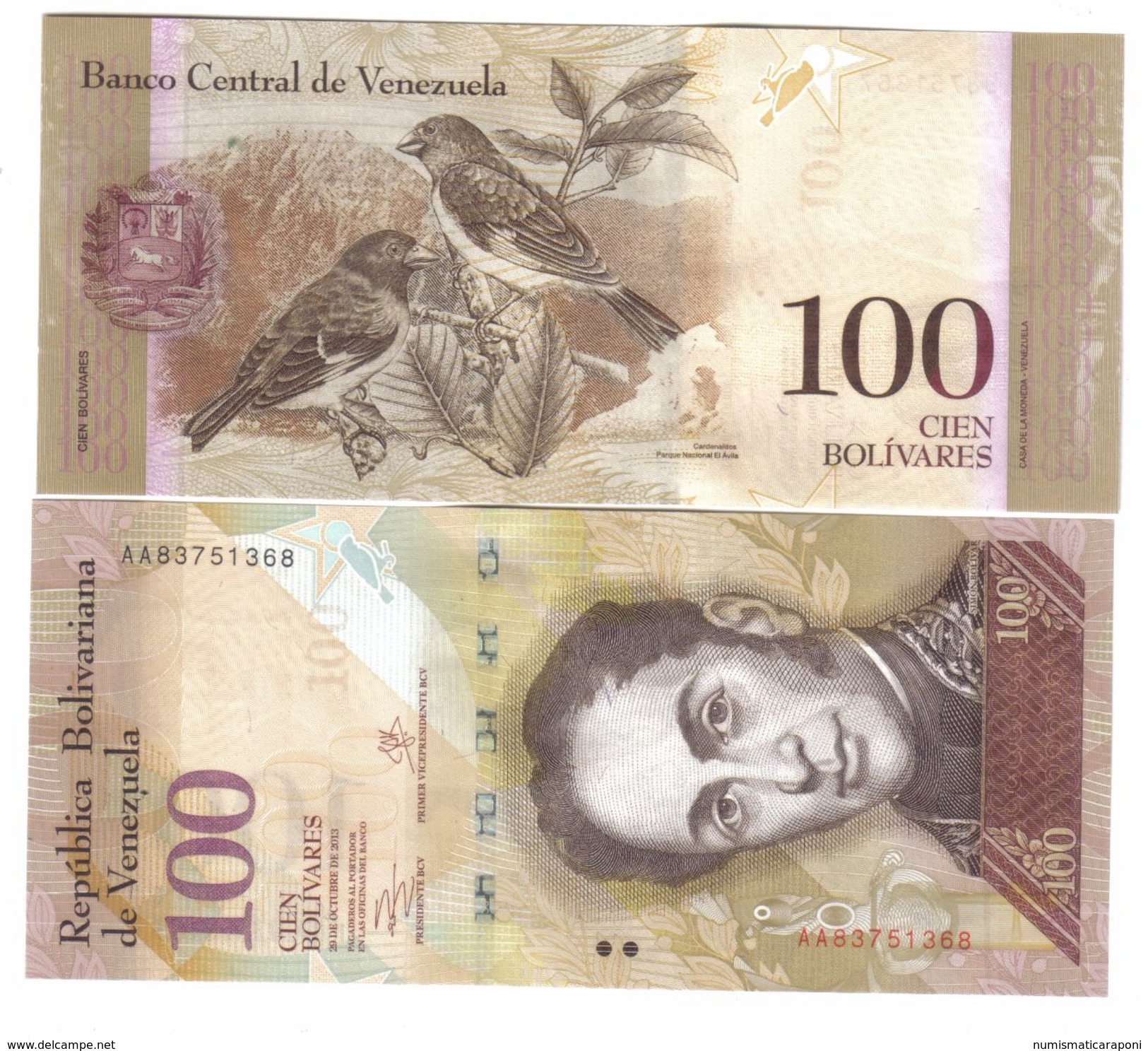 100 Bolivares VENEZUELA  29.10.2013 UNC UNCIRCULATED FDS SERIE AA  LOTTO 890 - Venezuela