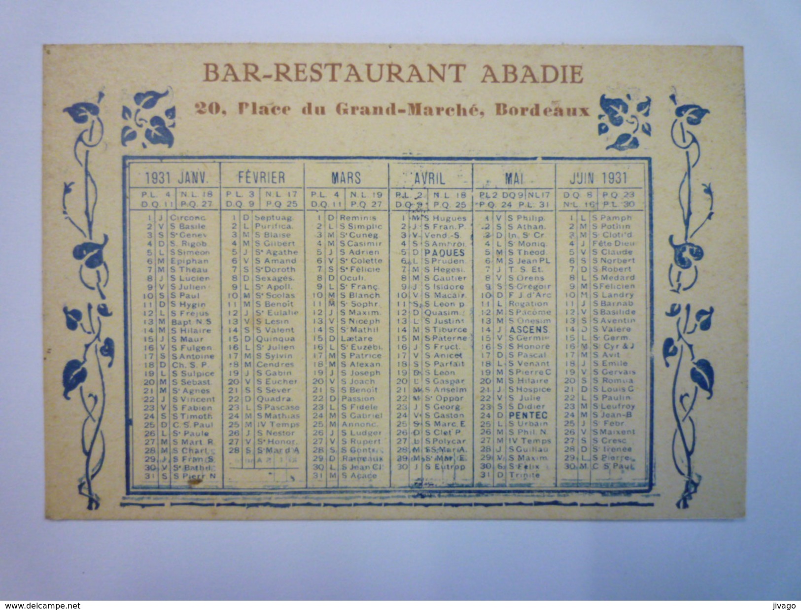Petit  CALENDRIER  PUB  1931   " BAR-RESTAURANT  ABADIE  -  BORDEAUX " - Tamaño Pequeño : 1921-40
