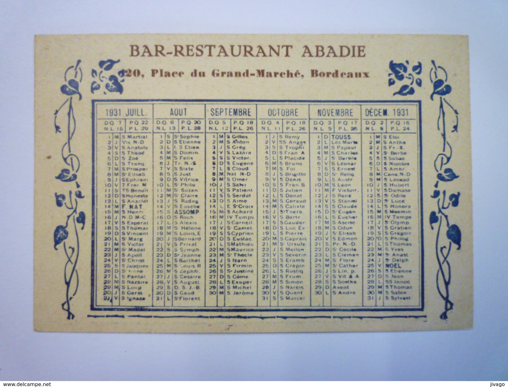 Petit  CALENDRIER  PUB  1931   " BAR-RESTAURANT  ABADIE  -  BORDEAUX " - Petit Format : 1921-40