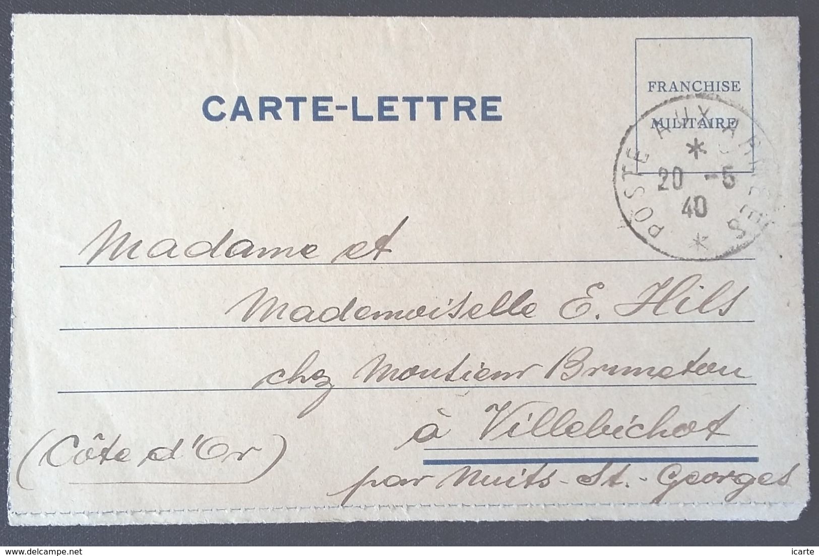 Carte-lettre De Franchise Militaire Interprète Formation C > Villebichot Oblitération Hexagonale Tiretée Mai 1940 - Lettres & Documents