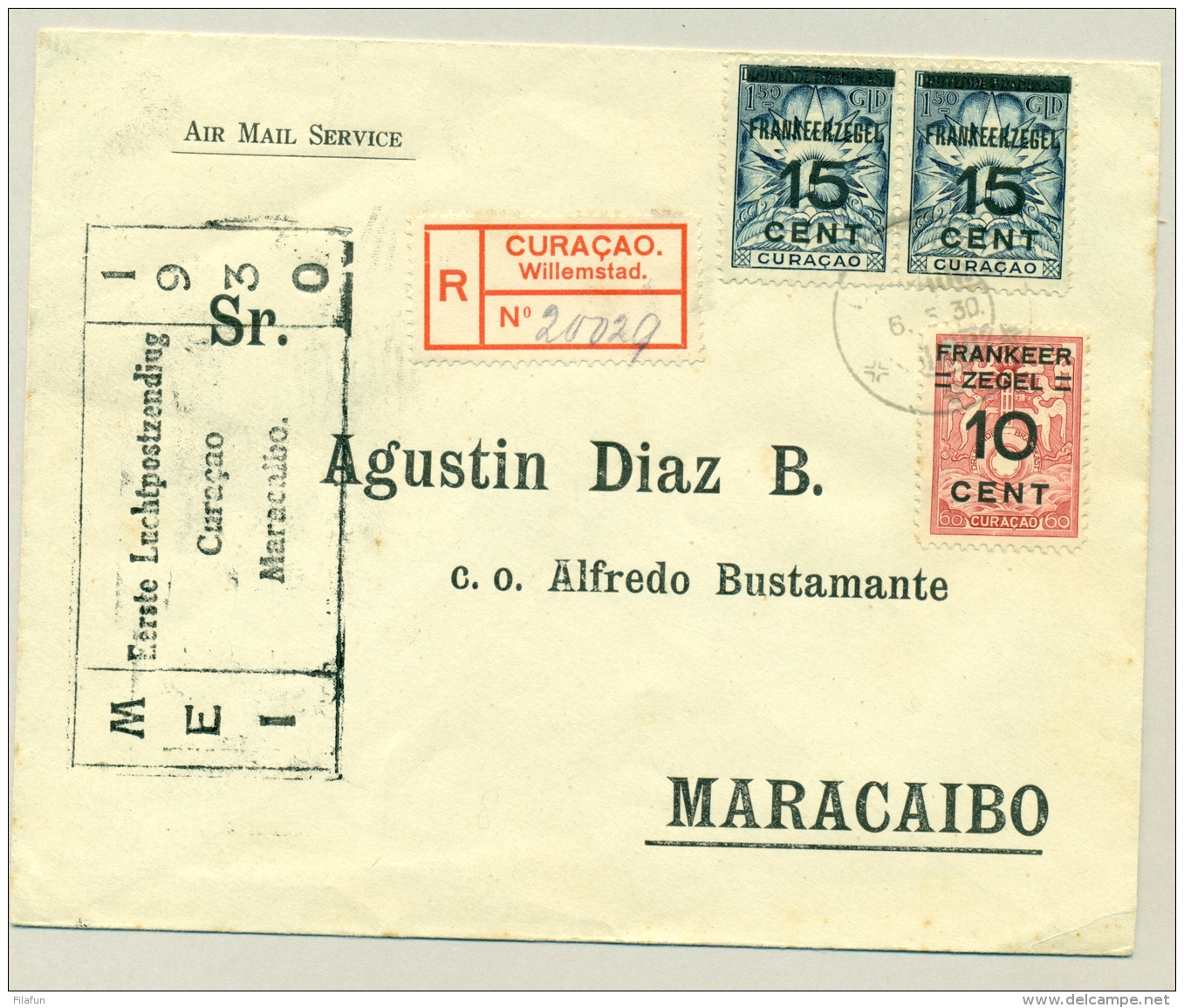 Curacao - 1930 - 3 Zegels Op R-First Flight Van Willemstad Naar Maracaibo / Venezuela - Curaçao, Nederlandse Antillen, Aruba