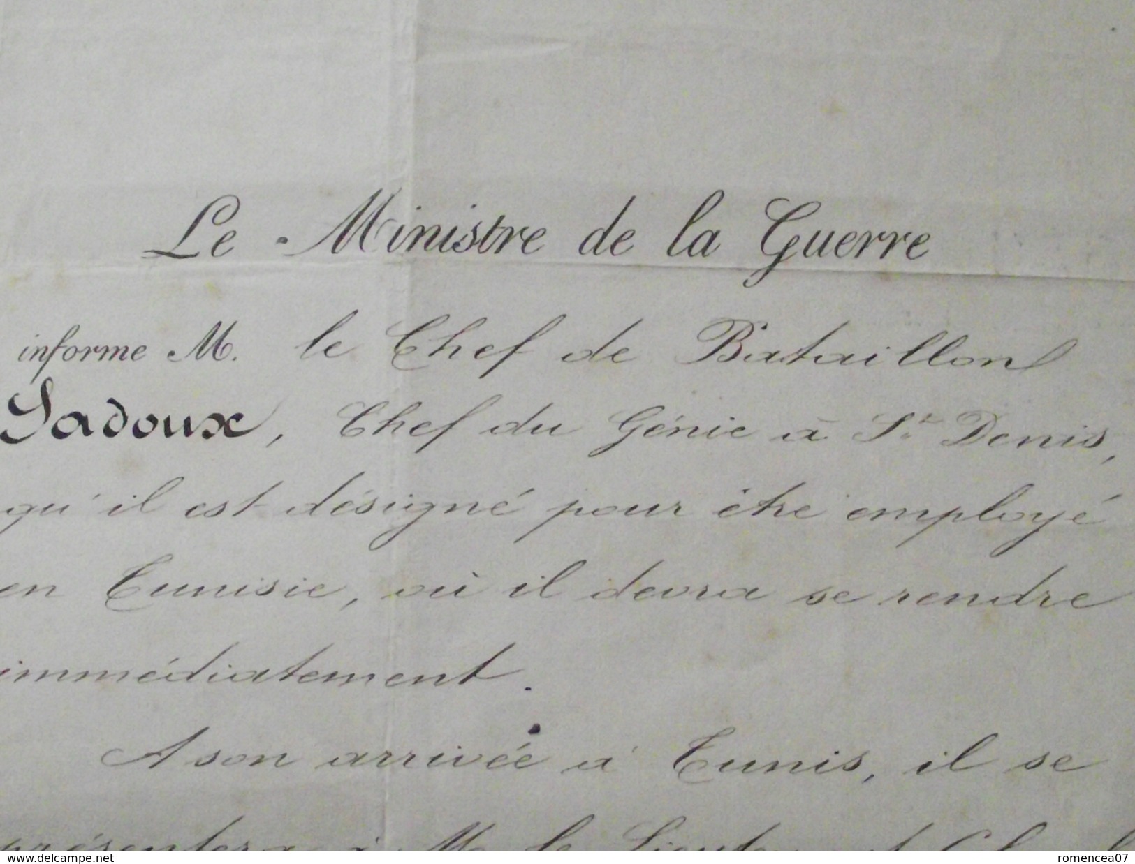 ORDRE De REJOINDRE TUNIS - CHEF De BATAILLON LADOUX, Chef Du GENIE - 12 Novembre 1881 - Ministère De La Guerre -A Voir! - Documents Historiques