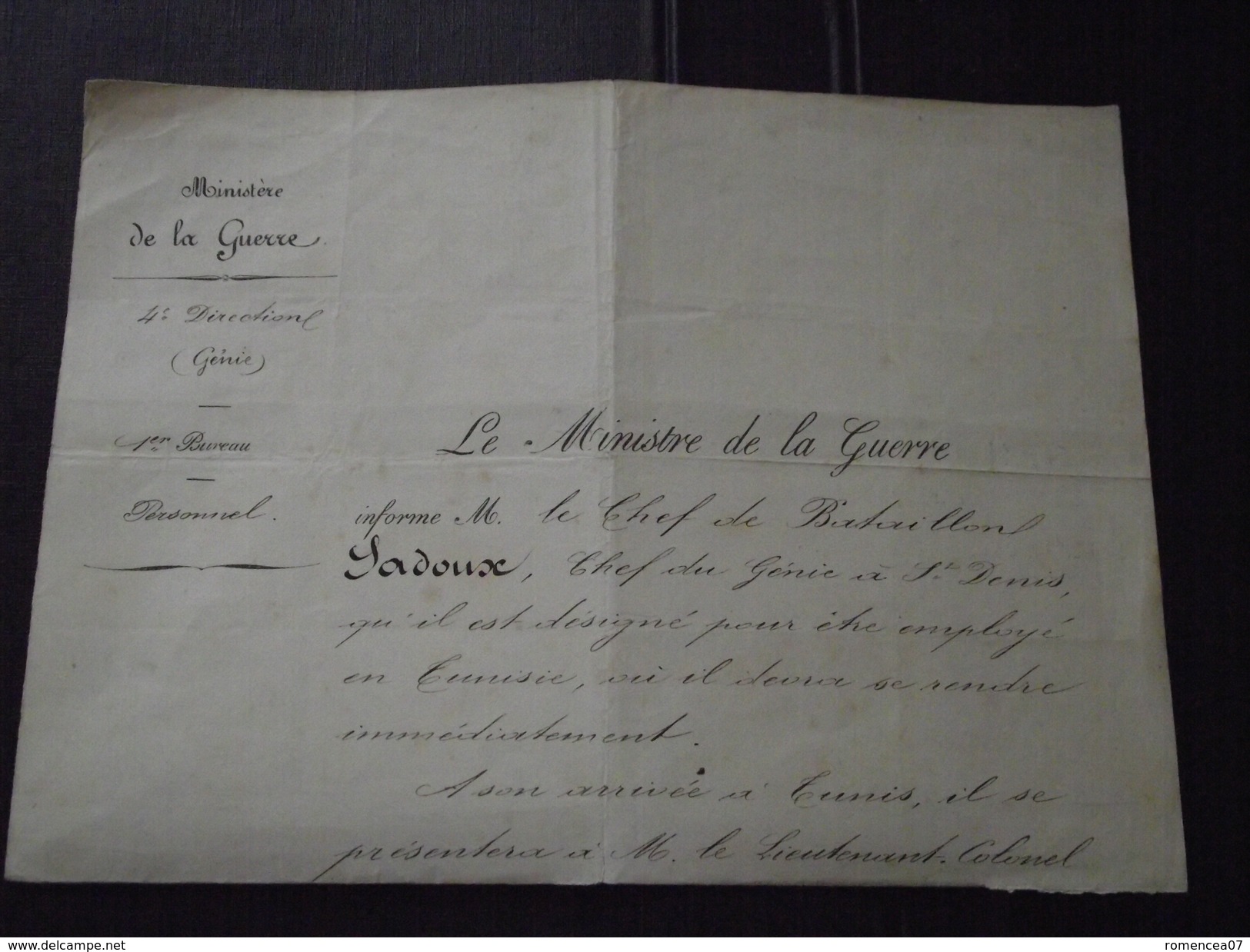 ORDRE De REJOINDRE TUNIS - CHEF De BATAILLON LADOUX, Chef Du GENIE - 12 Novembre 1881 - Ministère De La Guerre -A Voir! - Documents Historiques