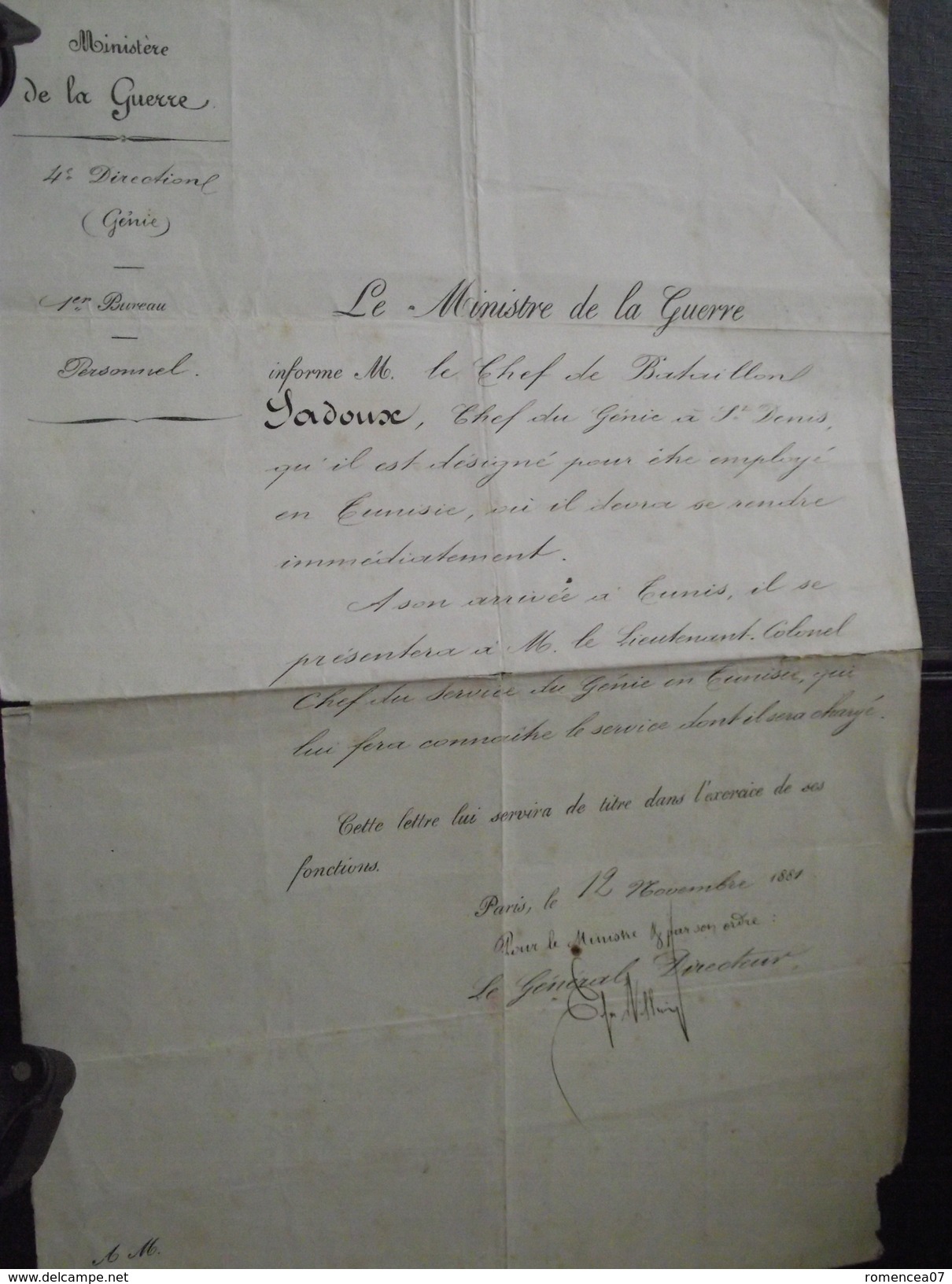 ORDRE De REJOINDRE TUNIS - CHEF De BATAILLON LADOUX, Chef Du GENIE - 12 Novembre 1881 - Ministère De La Guerre -A Voir! - Documents Historiques