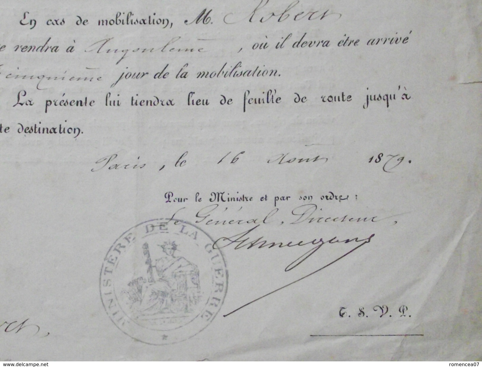 MUTATION Du SOUS-LIEUTENANT Jean Charles ROBERT Au 12e REGIMENT TERRITORIAL D'ARTILLERIE - 16 Août 1879 - A Voir ! - Historical Documents