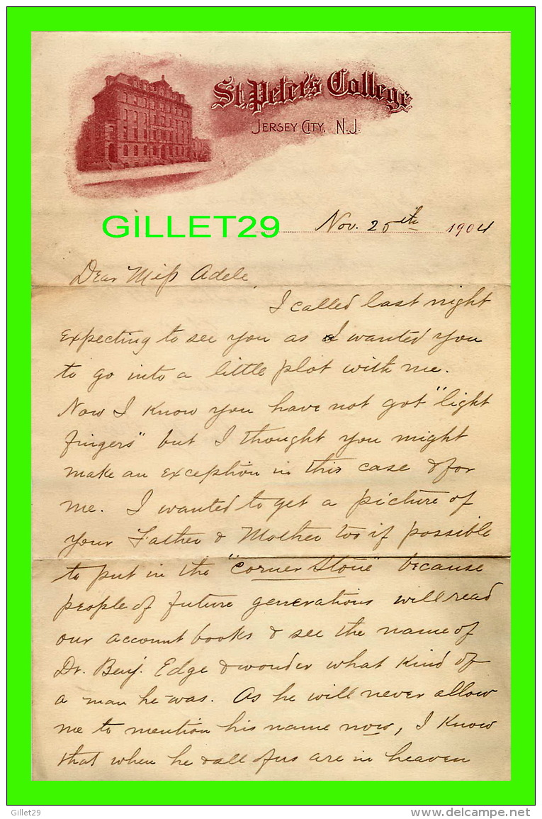 VIEUX DOCUMENTS - LETTRE DU ST PETER'S COLLEGE, JERSEY CITY, NJ - DATER DU 25 NOVEMBRE 1904 - - Documents Historiques