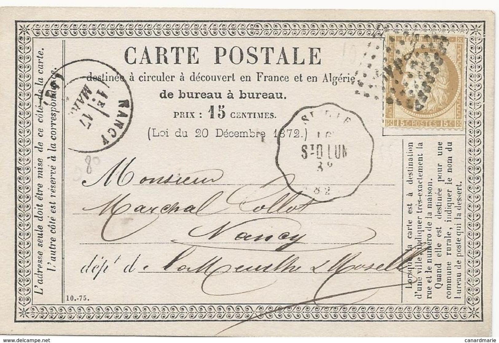 2 CARTES POSTALES PRECURSEUR 1876 AVEC CACHET CONVOYEUR SAINT DIE LUNEVILLE - Bahnpost