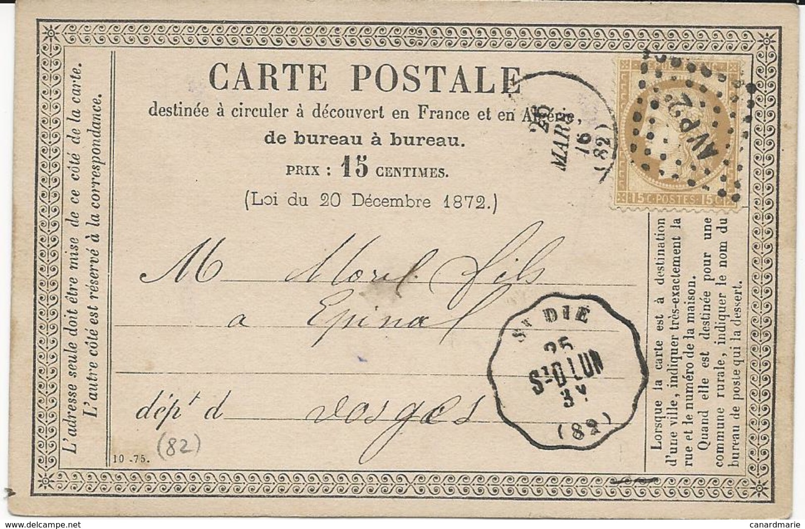 2 CARTES POSTALES PRECURSEUR 1876 AVEC CACHET CONVOYEUR SAINT DIE LUNEVILLE - Bahnpost