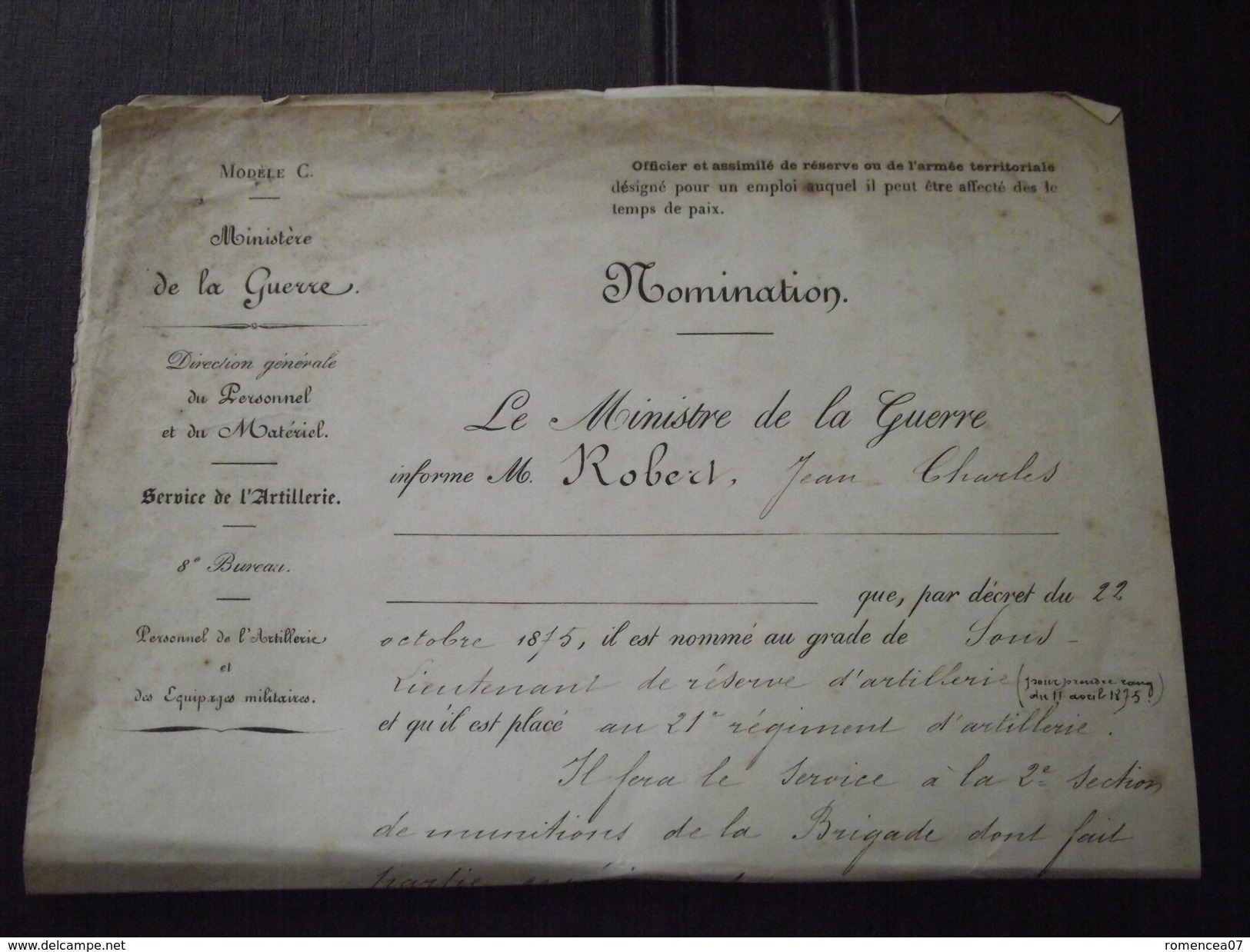 NOMINATION Du SOUS-LIEUTENANT De RESERVE Jean Charles ROBERT Au 21e REGIMENT D'ARTILLERIE - 22 Octobre 1875 - A Voi! - Historical Documents