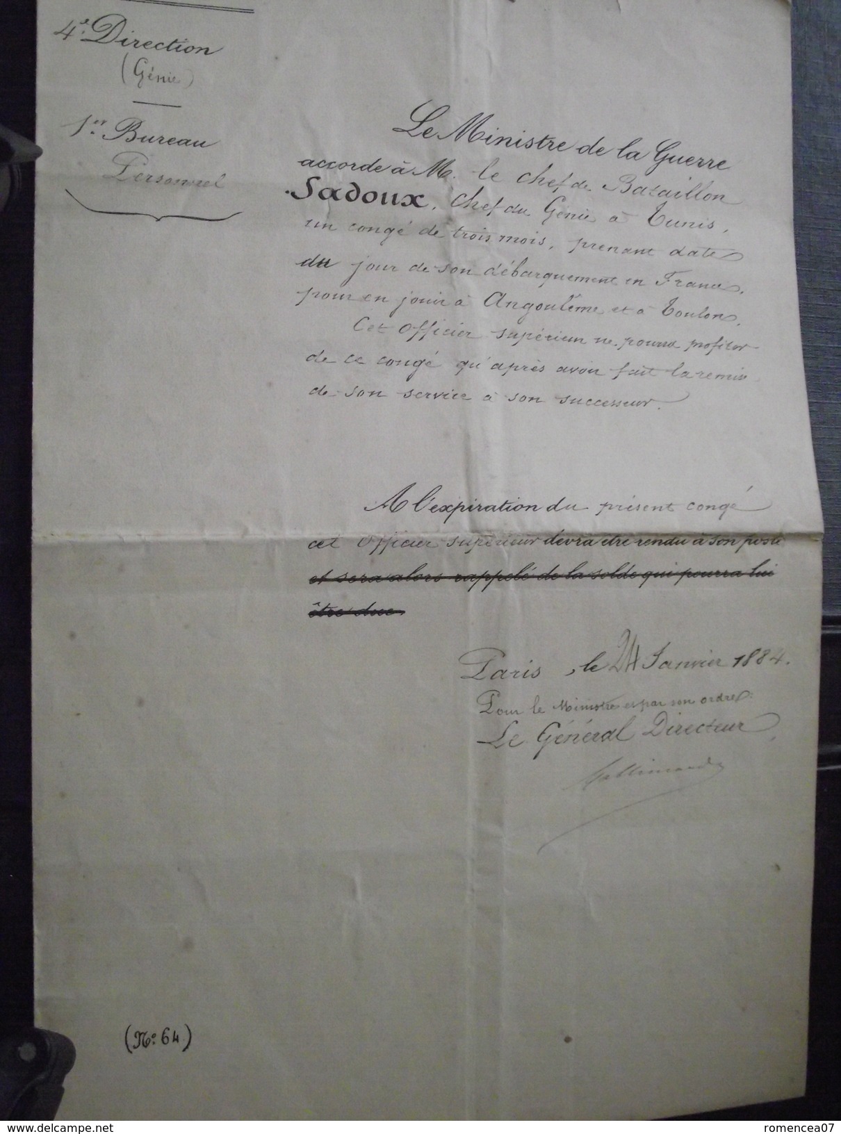 ACCORD D'un CONGES De 3 MOIS Au CHEF De BATAILLON LEDOUX, CHEF Du GENIE à TUNIS (Tunisie) - Le 24 Janvier 1884 - Historische Documenten