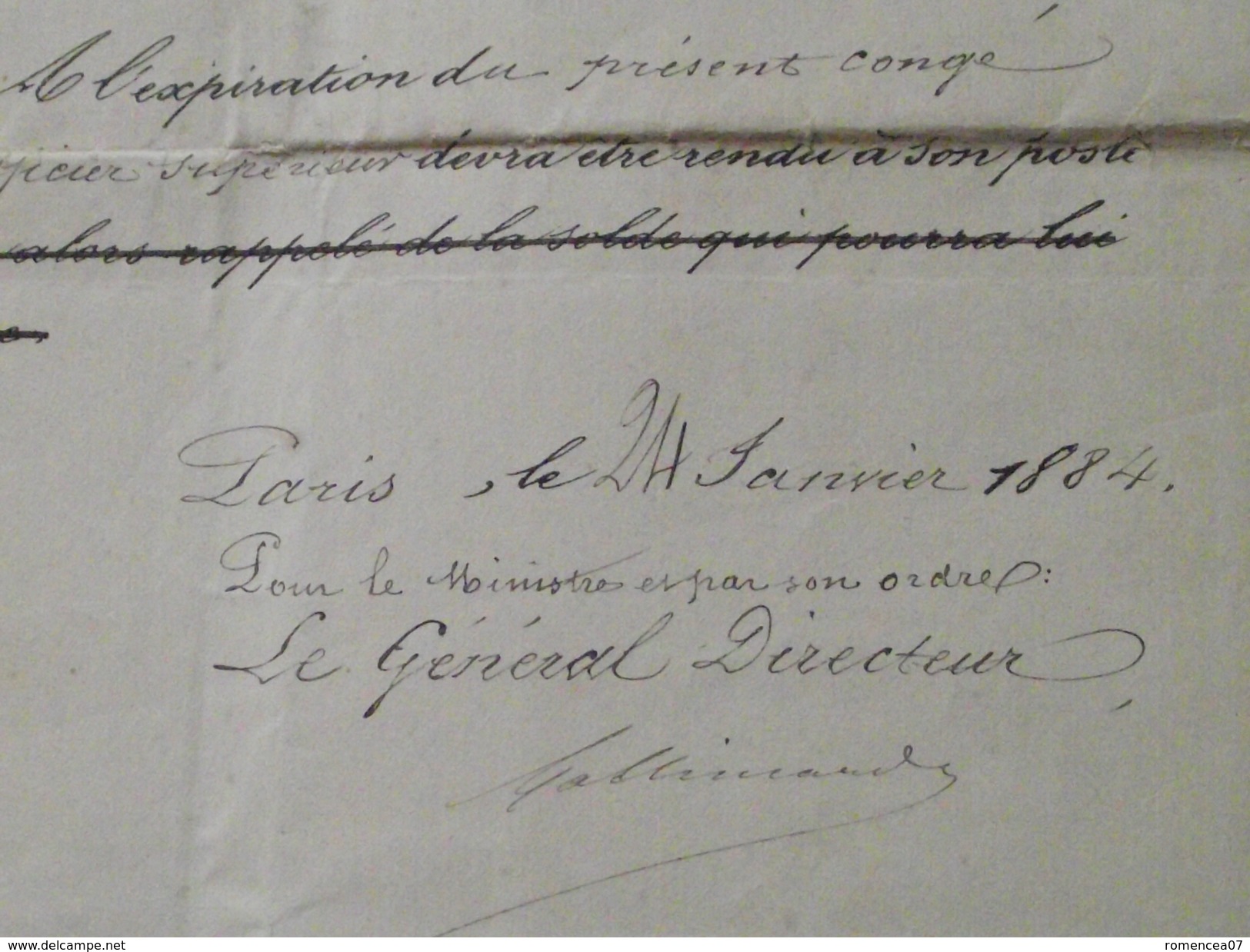 ACCORD D'un CONGES De 3 MOIS Au CHEF De BATAILLON LEDOUX, CHEF Du GENIE à TUNIS (Tunisie) - Le 24 Janvier 1884 - Documents Historiques