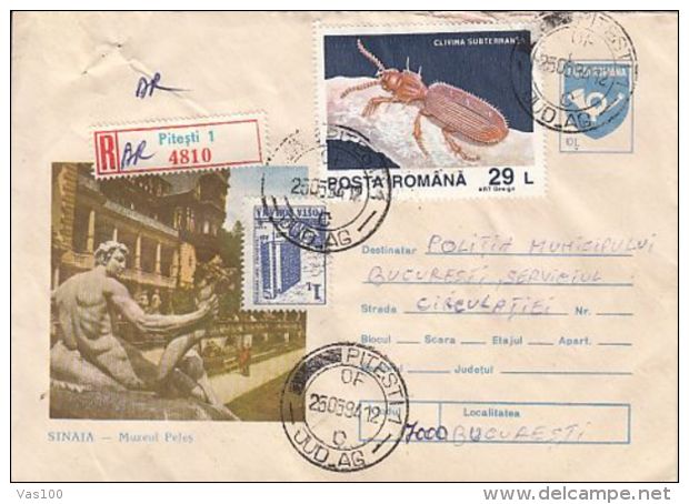 INSECTS, CAVE BEETLE, HOTEL, STAMPS ON PELES CASTLE REGISTERED COVER STATIONERY, ENTIER POSTAL, 1994, ROMANIA - Sonstige & Ohne Zuordnung