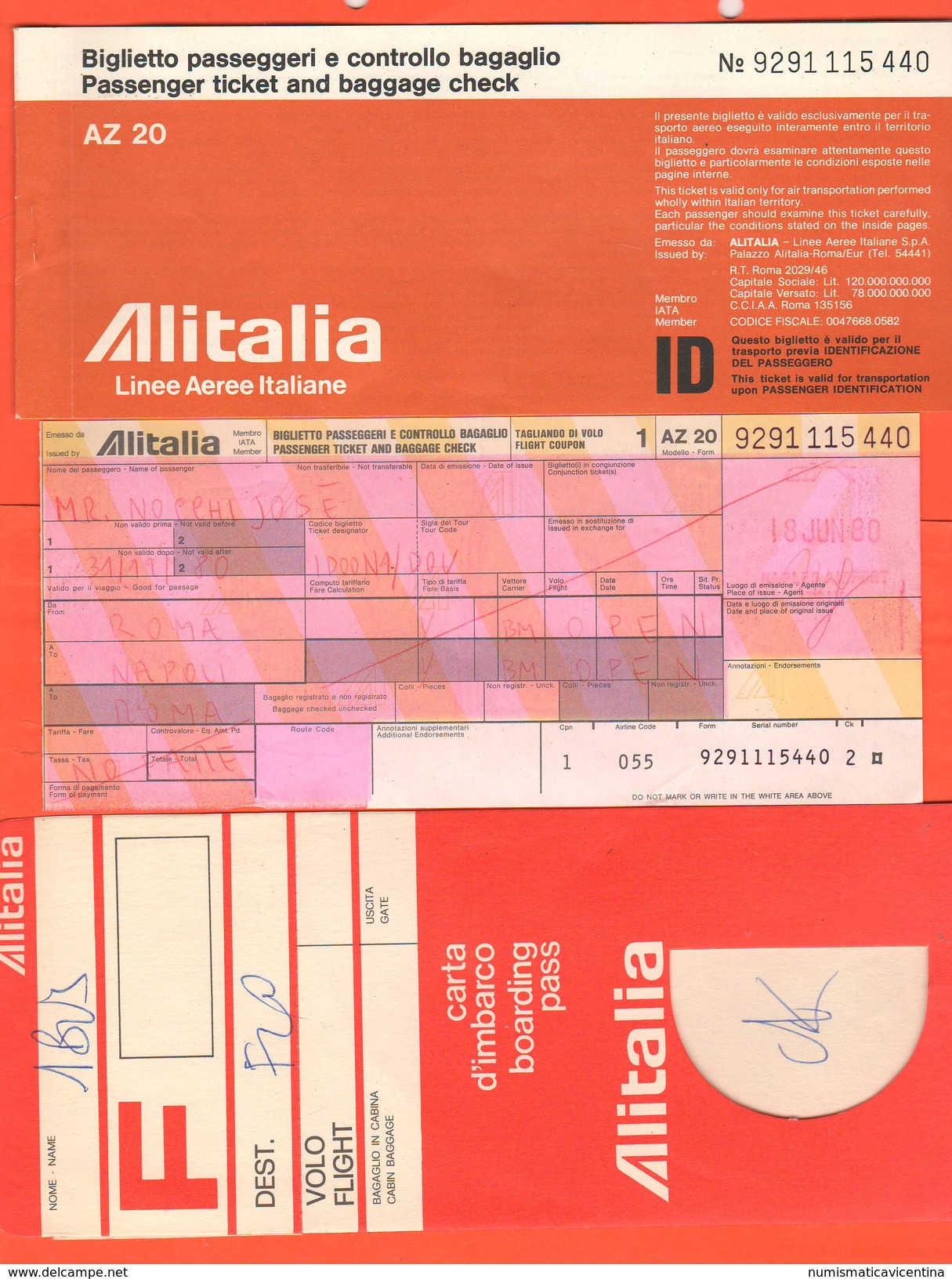 Alitalia Avion Flight Carta D'imbarco Biglietto 1980 Roma Napoli - Other & Unclassified