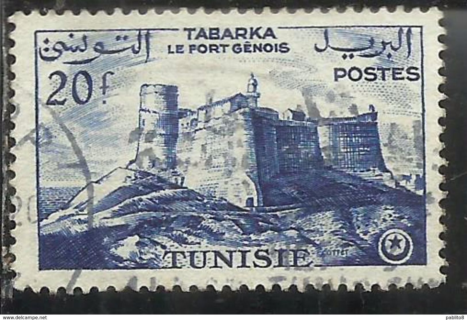 TUNISIA TUNISIE ROYAUME TUNISIENNE 1956 DEFINITIVE STAMP TOURISM TABARKA TOURISME TURISTICA 20f USATO USED OBLITERE' - Tunesië (1956-...)