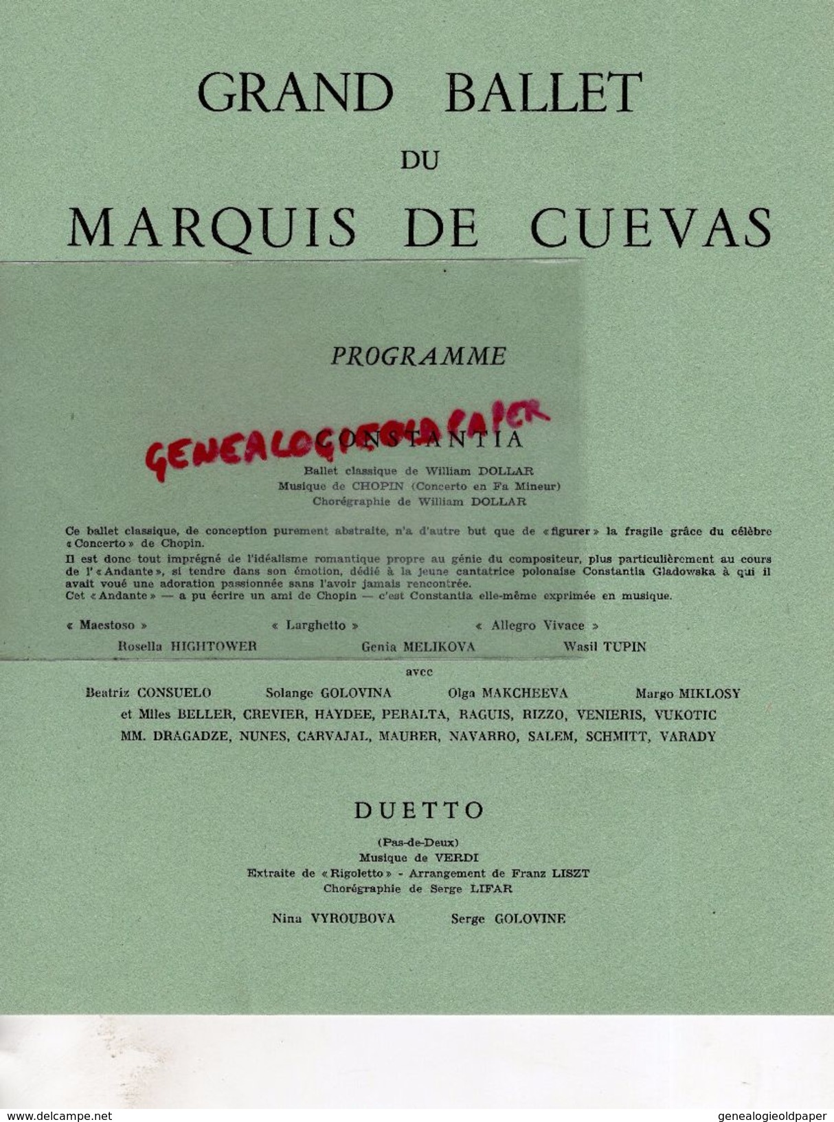 SPECTACLE PROGRAMME GRAND BALLET DU MARQUIS DE CUEVAS-DANSE- CONSTANTIA-DOLLAR-NINA VYROUBOVA-HIGHTOWER-MOREAU-GOLOVINE - Programma's