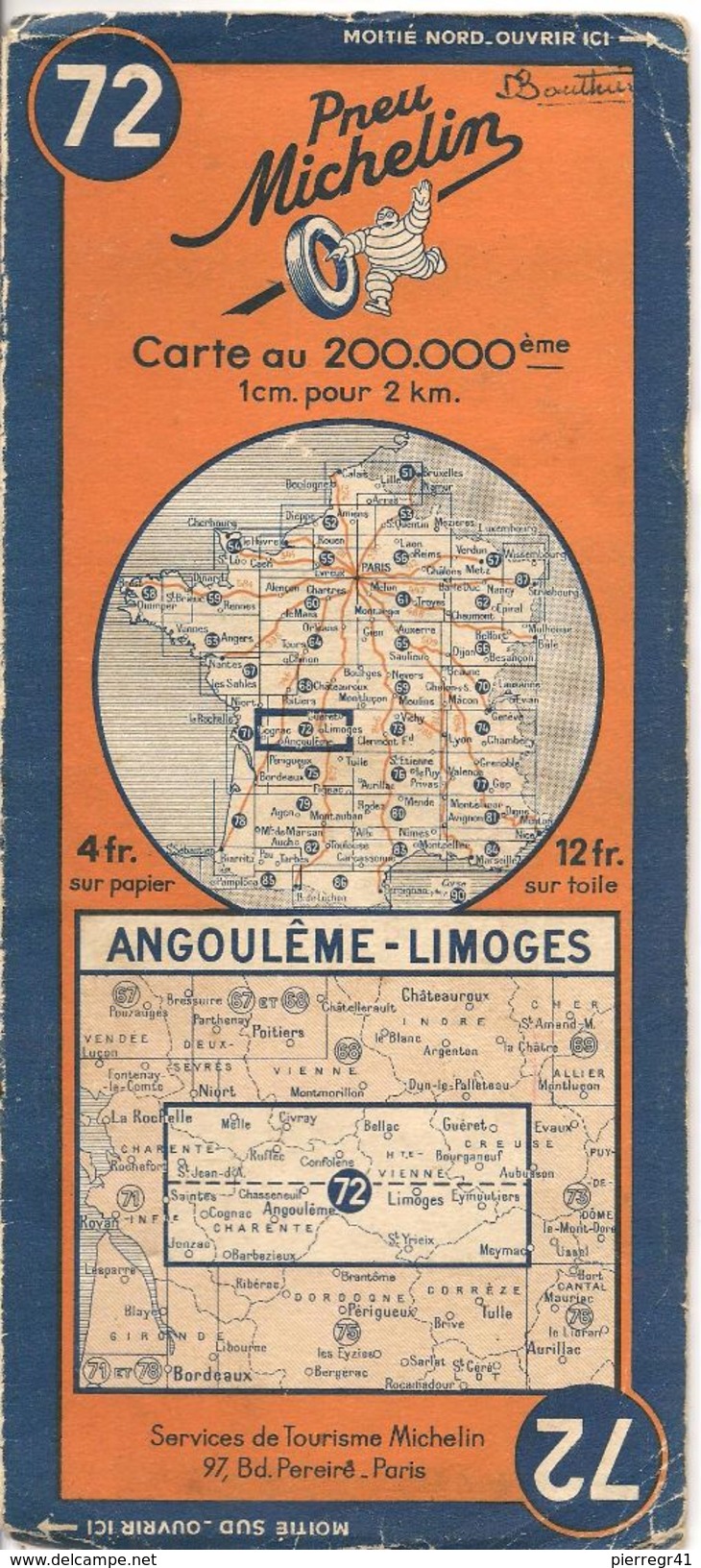 CARTE-ROUTIERE-MICHELIN-N °72-1936-N° 104-3621-ANGOULEME -LIMOGES - Pt Coupures-B E - Cartes Routières