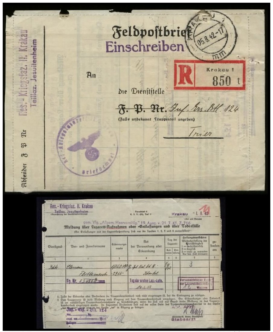 WW II DR GG Polen , R - Feldpost Militär Lazarett Meldung: Gebraucht Krakau - Trier 1942 , Bedarfserhaltung. - Briefe U. Dokumente