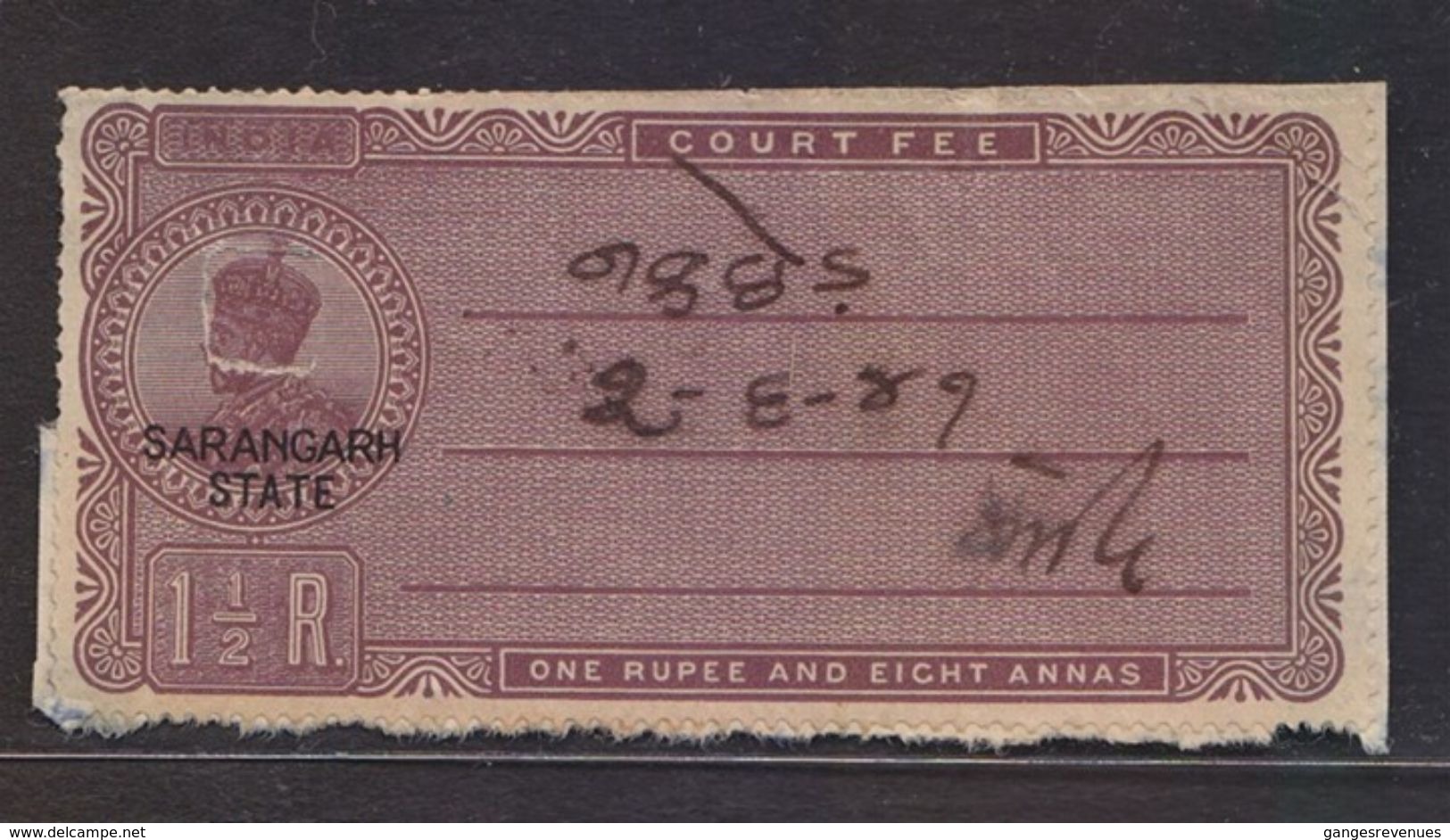 India  SARANGARH State O/p ON KG V  1R2A Rupee  Court Fee  #  98418 Inde  Indien Fiscaux Fiscal - Travancore-Cochin