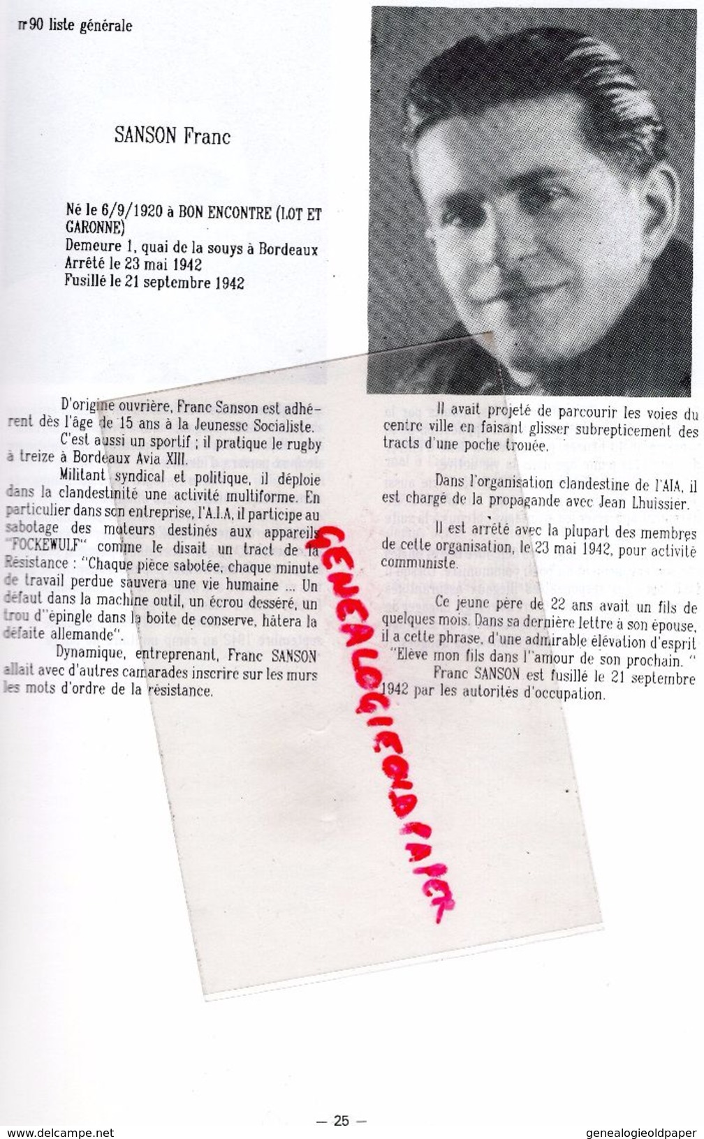 GUERRE 1939-1945- BORDEAUX- HOMMAGE AUX FUSILLES DE LA REGION BORDELAISE- 19421-RESISTANCE-LIBERATION-GESTAPO-BEGLES-