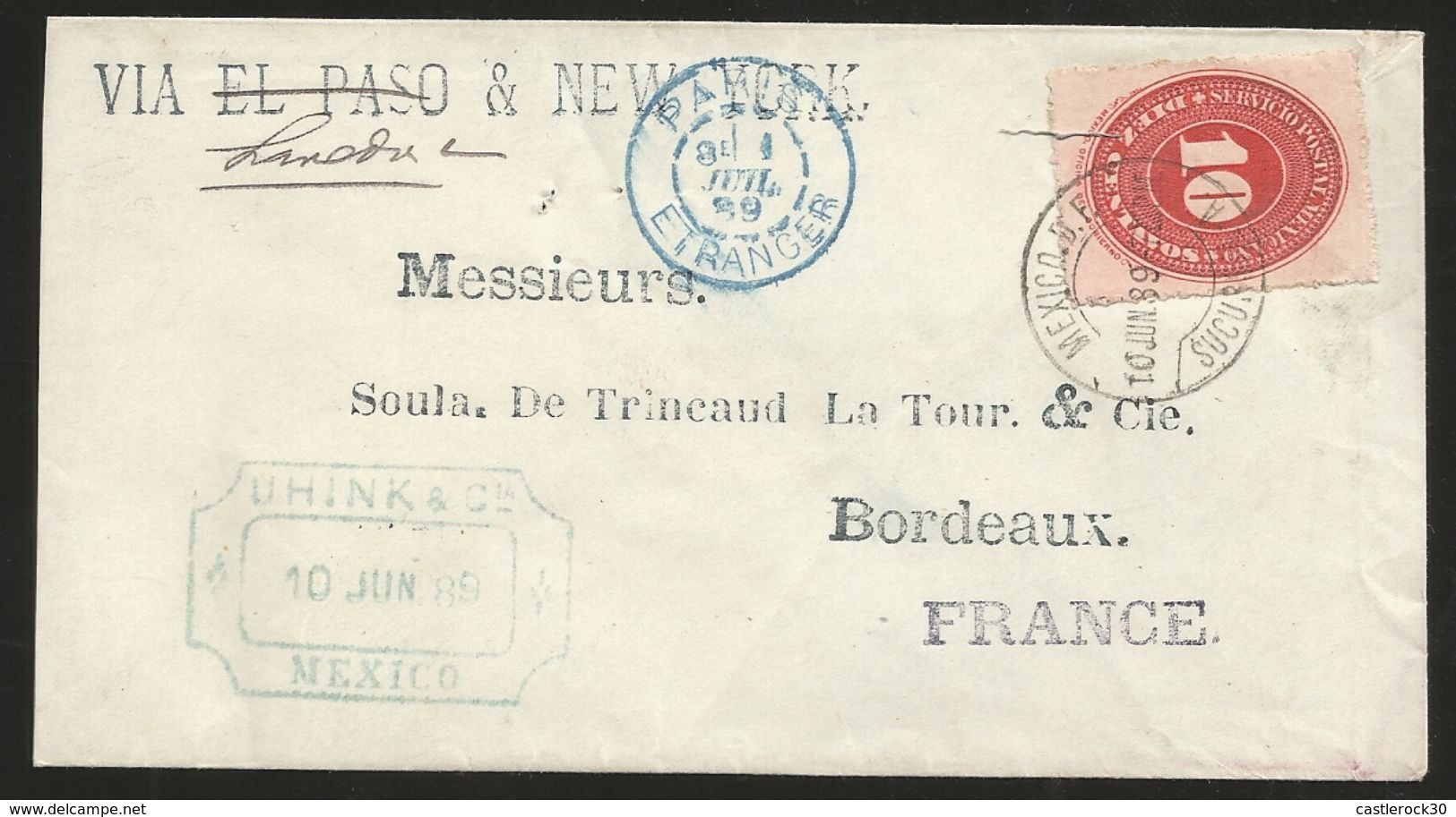 J) 1889 MEXICO, 10 CENTS, NUMERAL, CIRCULATED COVER, FROM MEXICO TO BORDEAUX, VIA LAREDO TO NEW YORK - Mexico