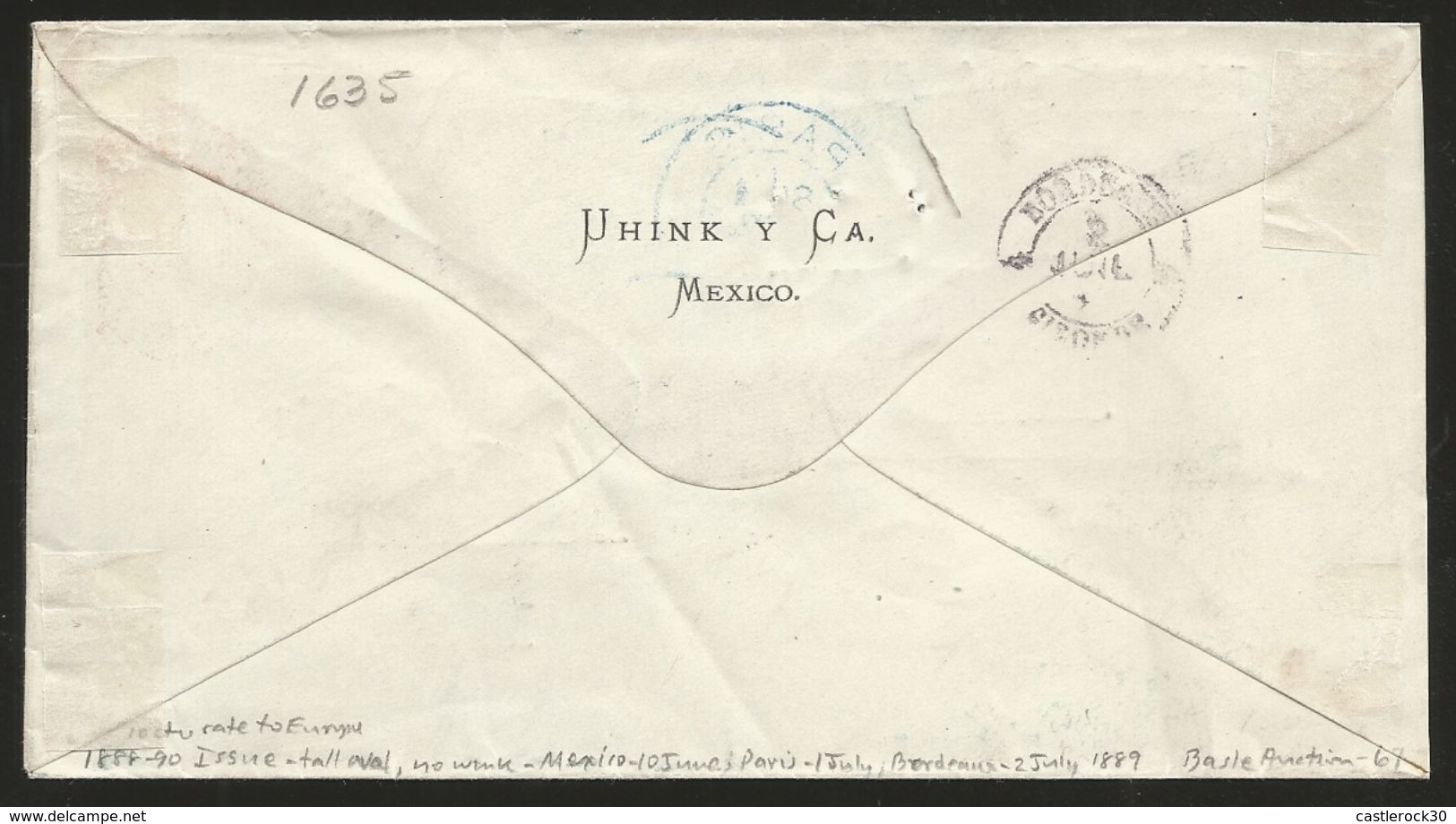 J) 1889 MEXICO, 10 CENTS, NUMERAL, CIRCULATED COVER, FROM MEXICO TO BORDEAUX, VIA LAREDO TO NEW YORK - Mexico