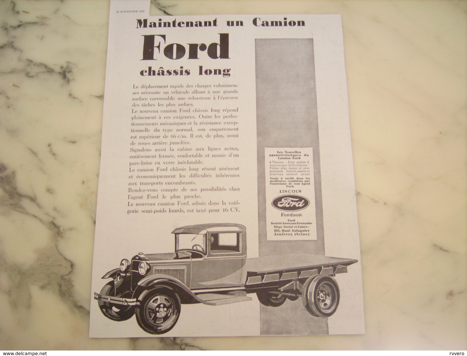 ANCIENNE PUBLICITE CAMION FORD CHASSIS LONG  1930 - LKW