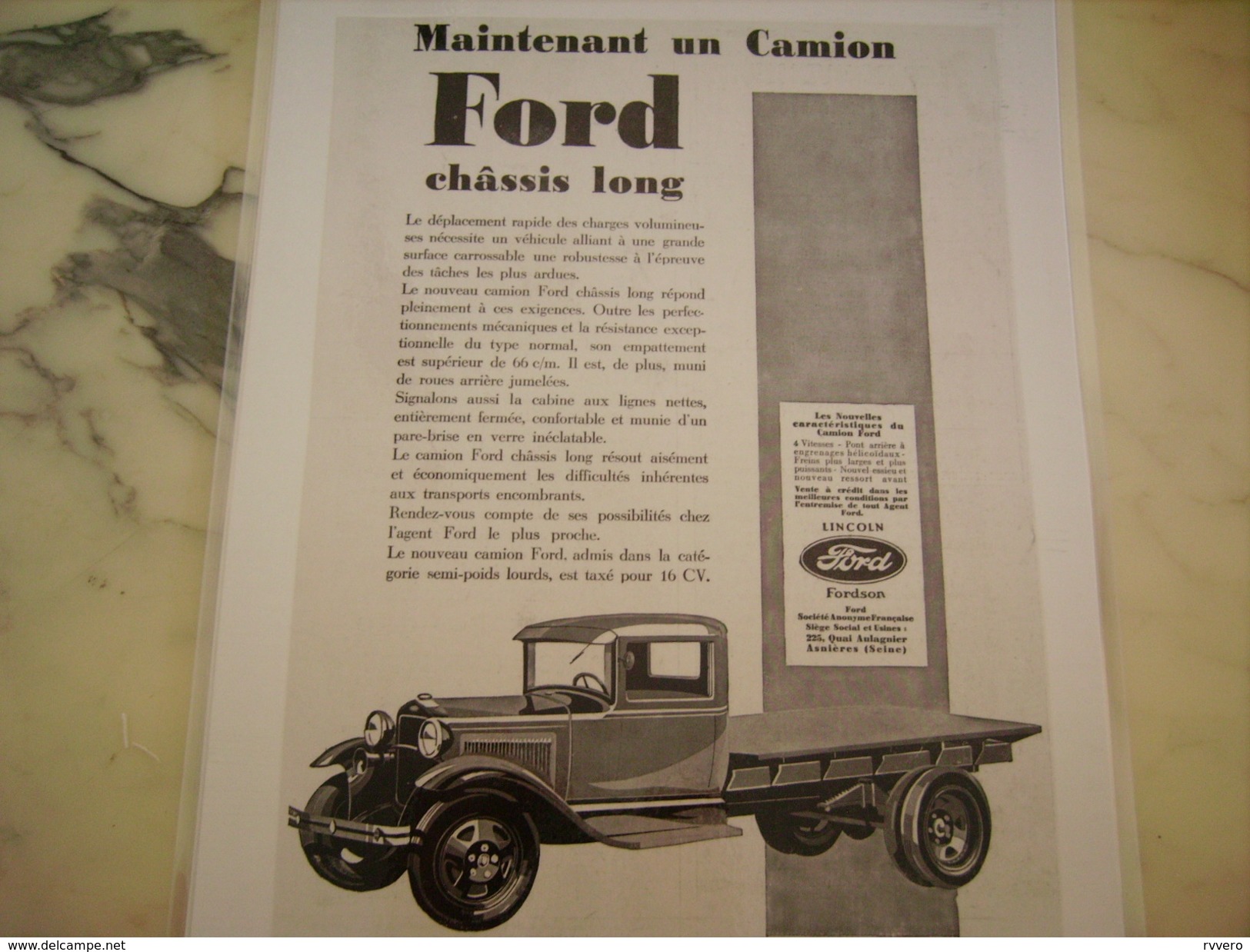 ANCIENNE PUBLICITE CAMION FORD CHASSIS LONG  1930 - Camions