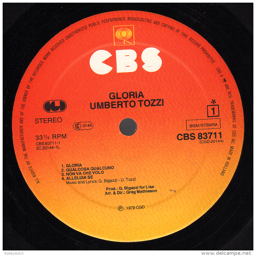 * LP *  UMBERTO TOZZI - GLORIA (Holland 1979 EX-!!!)