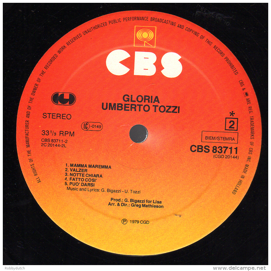 * LP *  UMBERTO TOZZI - GLORIA (Holland 1979 EX-!!!)