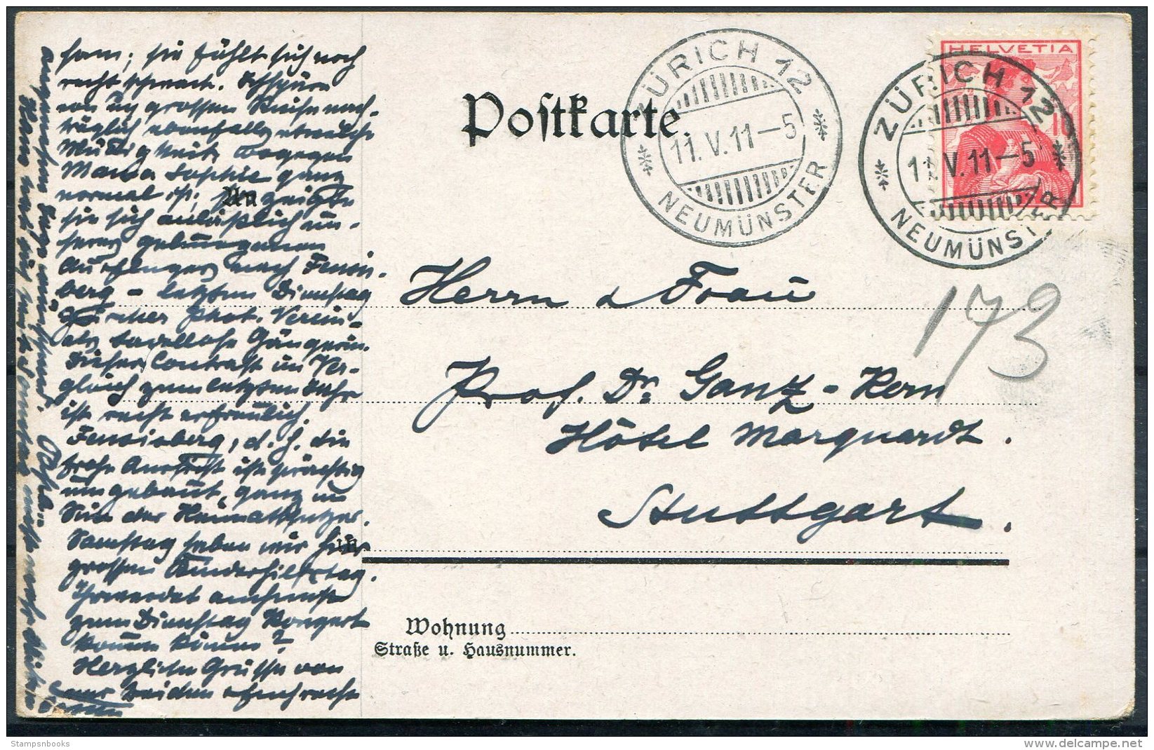 1911 Switzerland Schwarzwaldernen Postcard. Zurich 12 Neumunster - Hotel, Stuttgart, Germany - Lettres & Documents