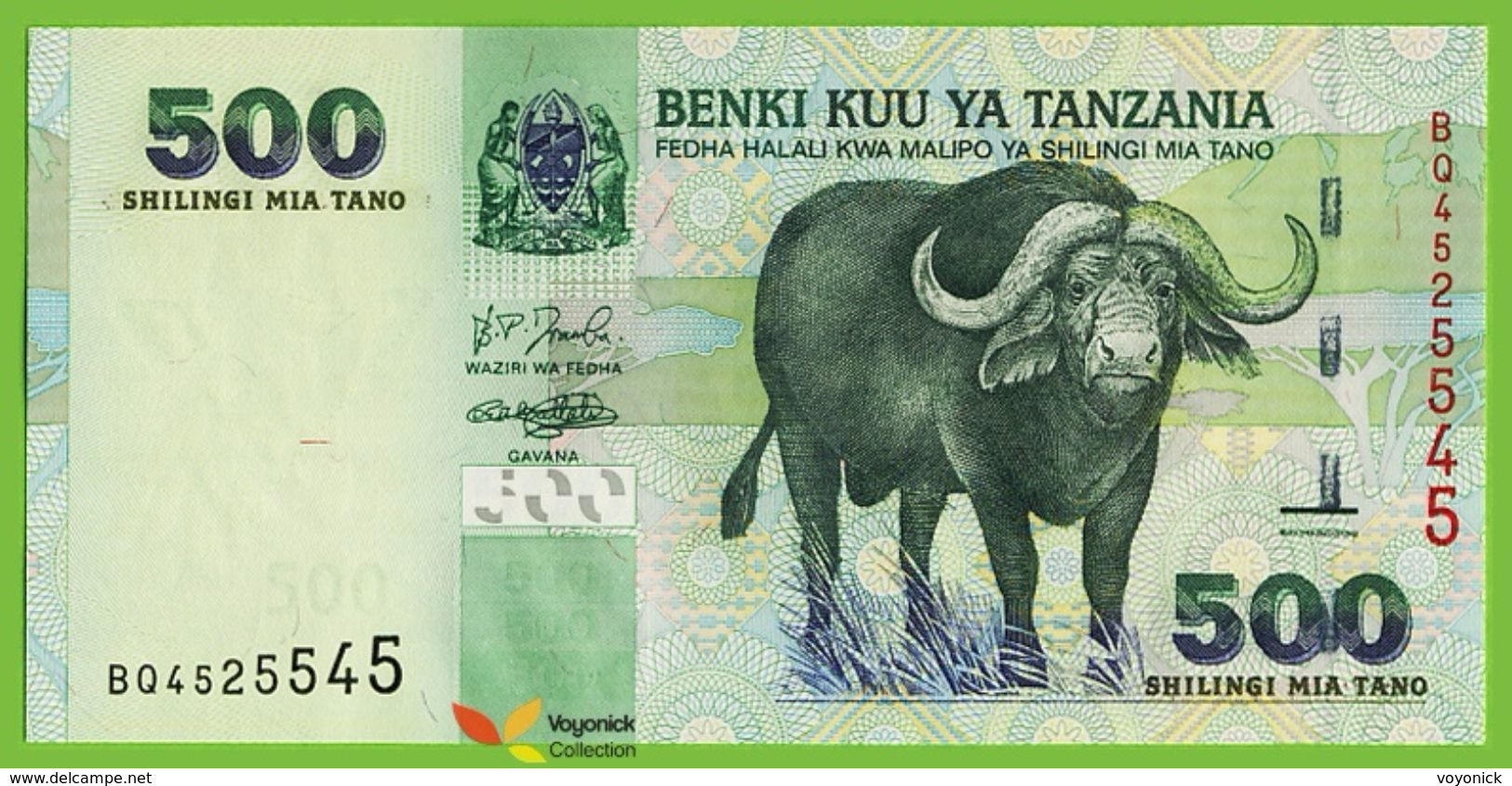 Voyo TANZANIA 500 Shilingi ND(2003) P35 B134a Prefix BQ UNC Buffalo - Tanzania