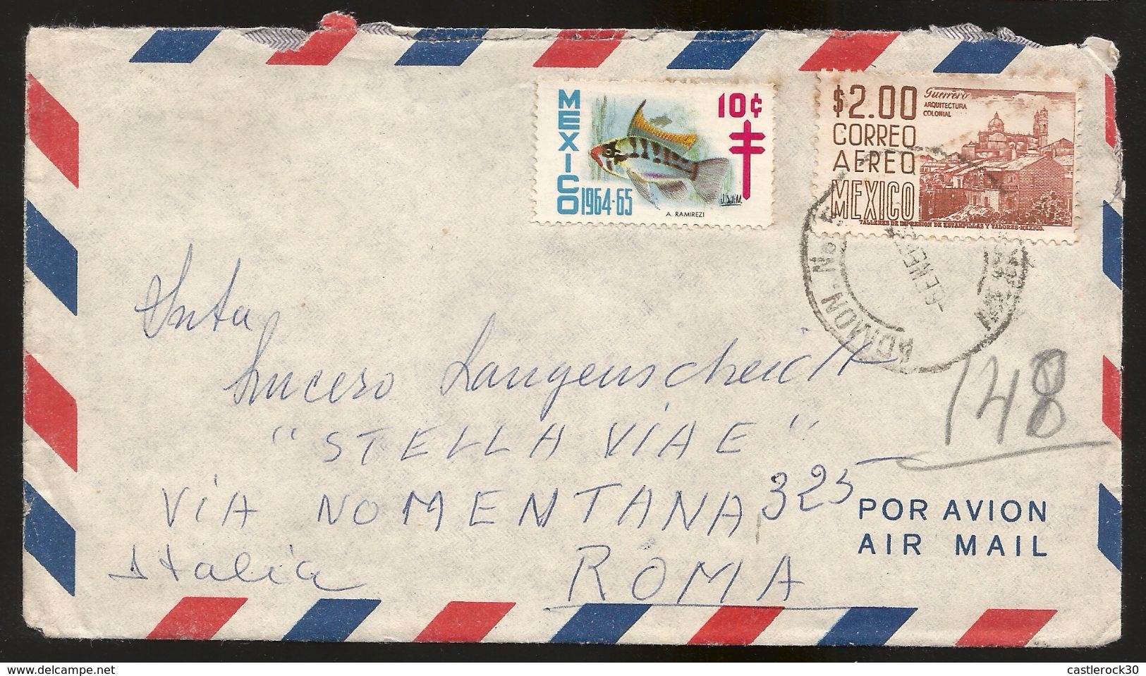 A) 1965 MEXICO, ARCHITECTURE, GUERRERO CITY, FISH PAITING, COLOR STAMP, MULTIPLE STAMPS, AIRMAIL, CIRCULATED COVER FROM - Mexico