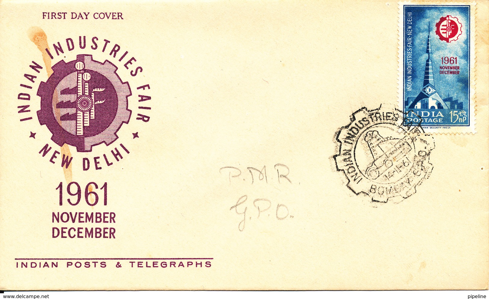 India FDC 14-11-1961 Indian Industries Fair New Delhi With Cachet (there Is A Brown Stain In The Cachet) - FDC