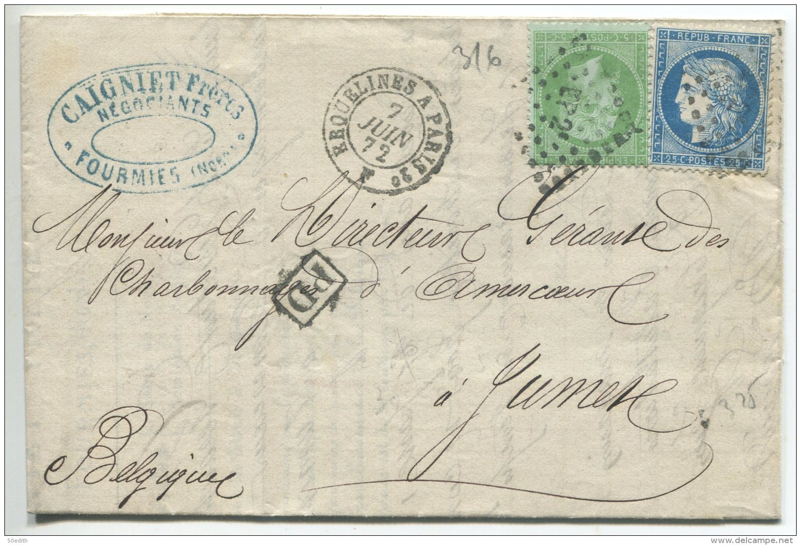 Napoléon N°35 + Cérès N°60 + EP 2° + Ambulant /lettre Tarif Frontalier 2 Ports De Fourmies (nord) Pour Jumet (Belgique) - 1870 Siège De Paris