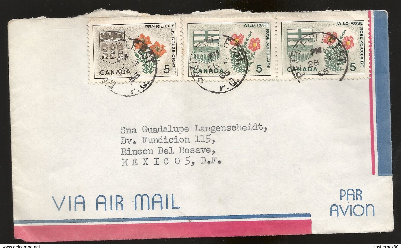 A) 1966 CANADA, FLOWERS STAMPS, SHIELD, MULTIPLE STAMPS, CIRCULATED COVER FROM CANADA TO MEXICO DF. - Airmail