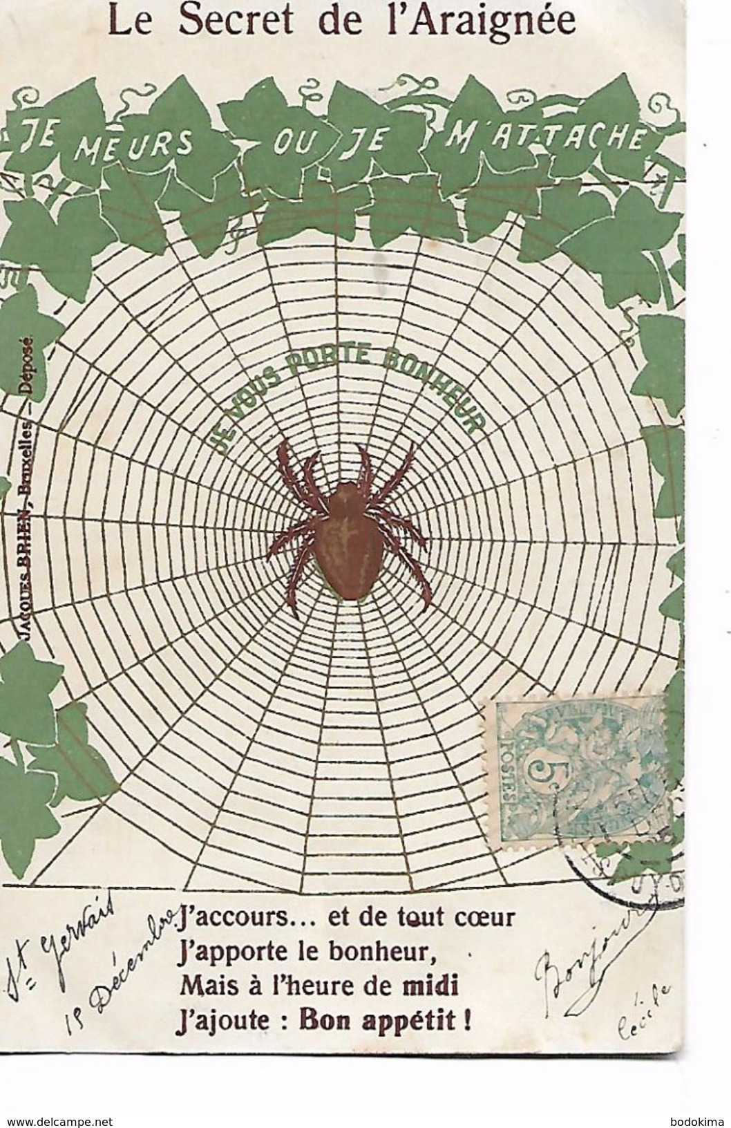 Le  Secret  De  L,Araignée  -  Je  Meurs  Ou  Je  M,attache-  Je   Vous  Porte  Bonheur ..."( Carte  Dorée  ) - Insectes