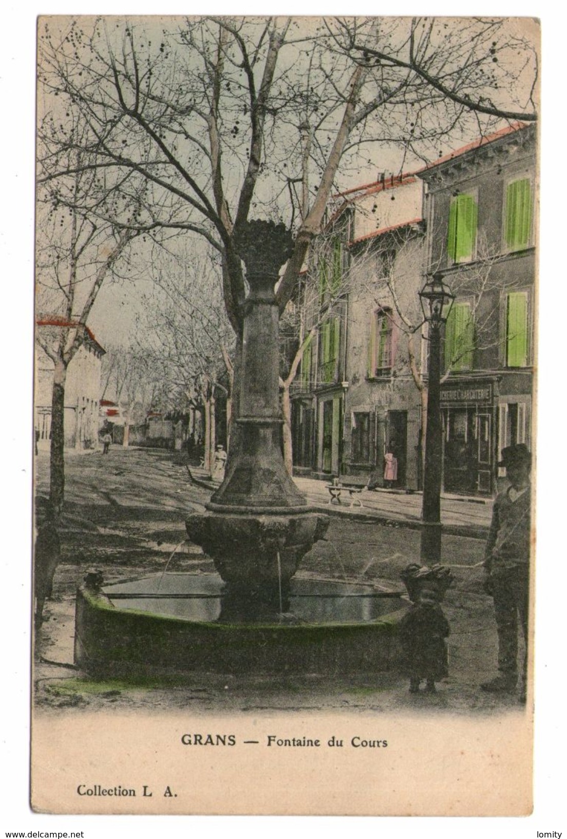 13 Grans La Fontaine Du Cours Cpa Animée Cachet Miramas A Avignon 1905 - Autres & Non Classés