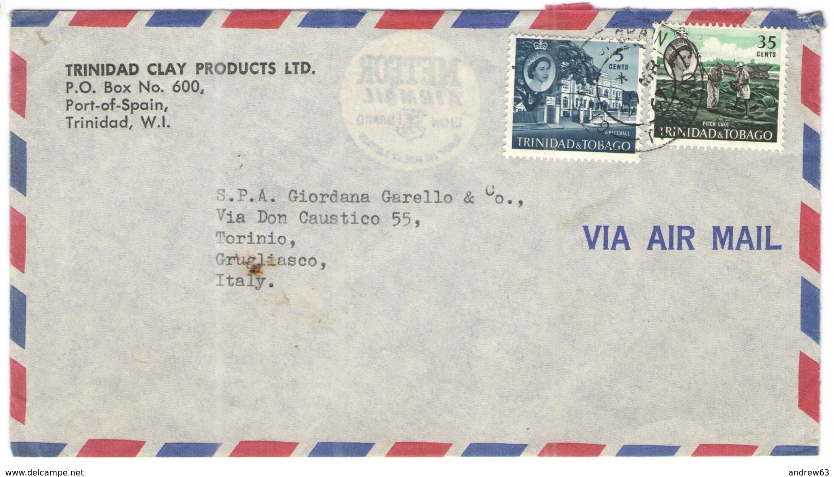 Trindad & Tobago - 1967 - Air Mail - 5 Whitehall + 35 Pitch Lake - Viaggiata Da Port Of Spain Per Grugliasco, Italy - Trinidad & Tobago (1962-...)