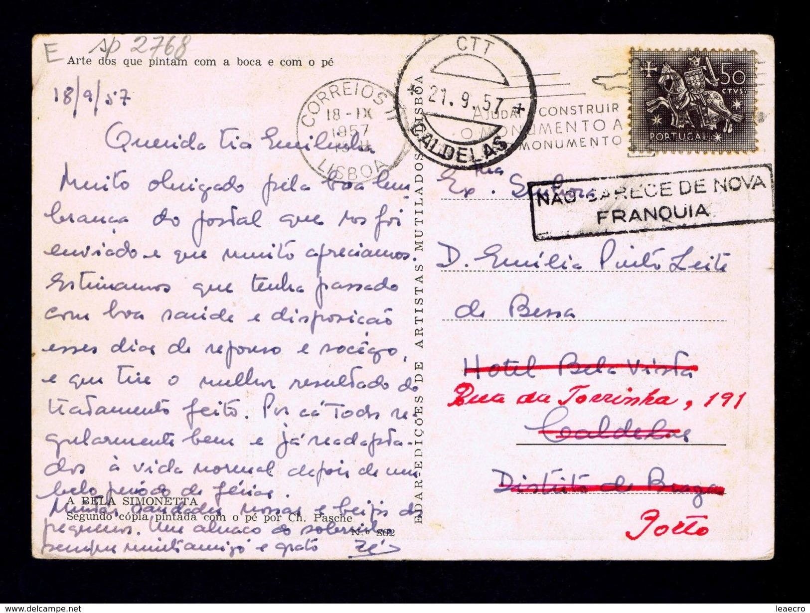 Gc2768 PORTUGAL "CALDELAS" Postcard "NÃO CARECE DE NOVA FRANQUIA" Multa 1957 - Covers & Documents