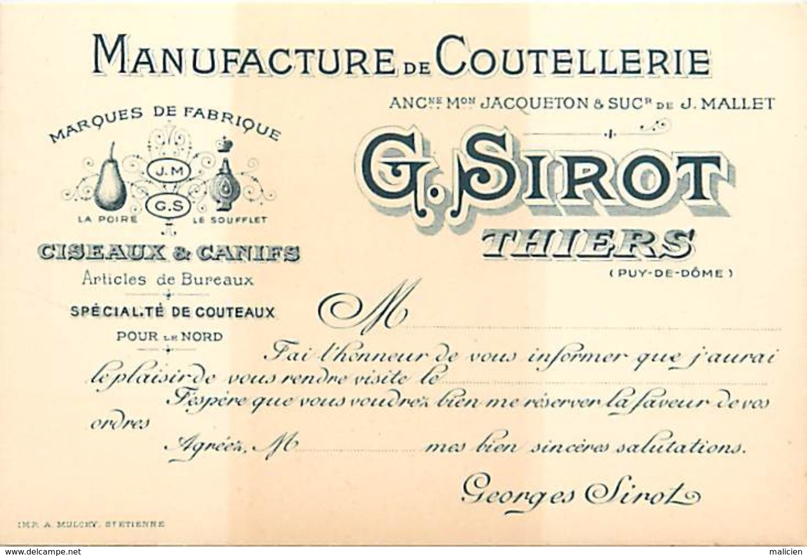 - Puy De Dome -ref-703- Thiers - Carte De Visite Manufacture De Coutellerie G. Sirot - Coutelleries - Metiers - - Thiers