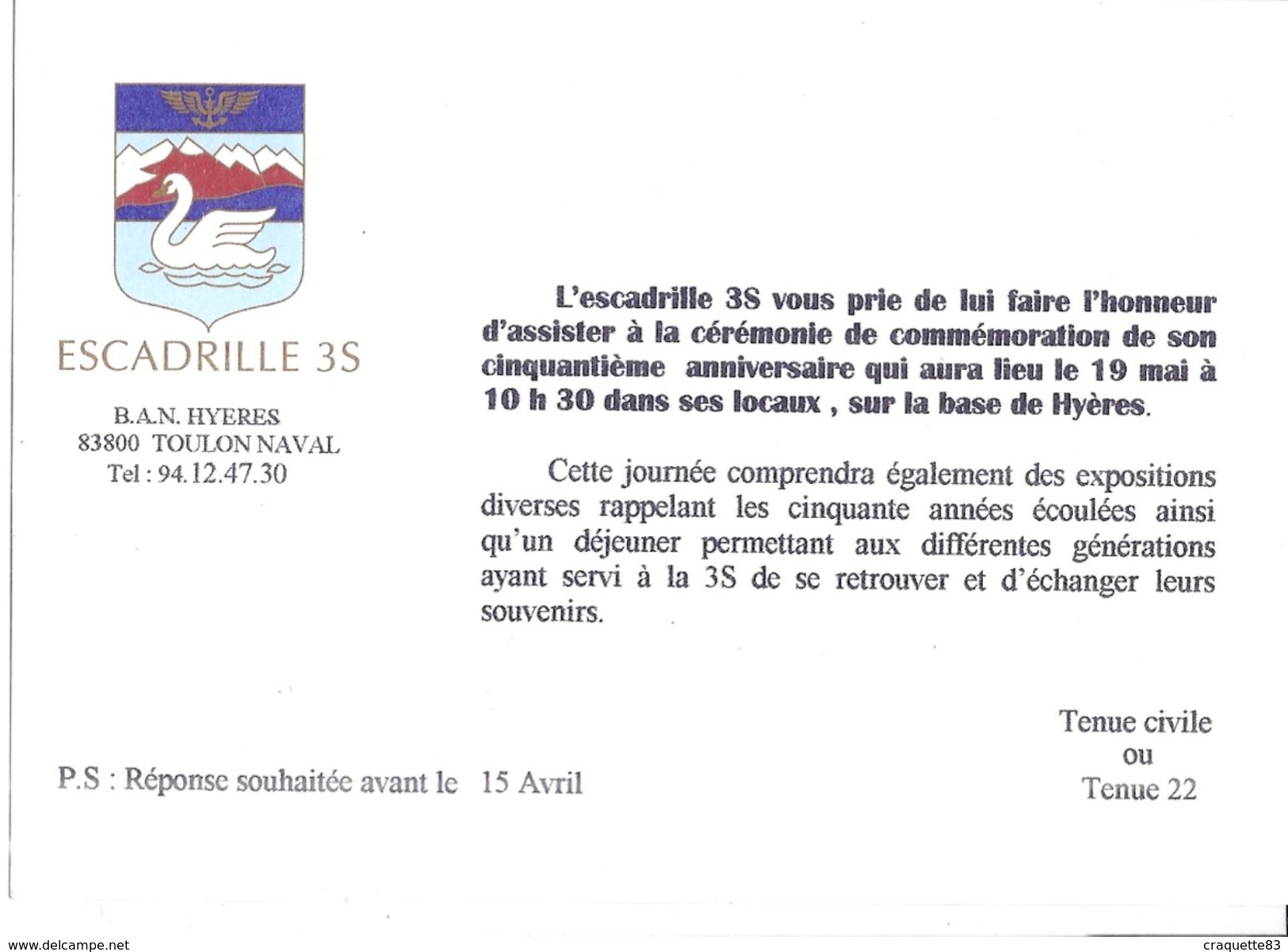 B.A.N. ESCADRILLE 3S  TOULON NAVAL  INVITATION CEREMONIE DE COMMEMORATION DU 50è ANNIV EN MAI A HYERES VAR - Documents